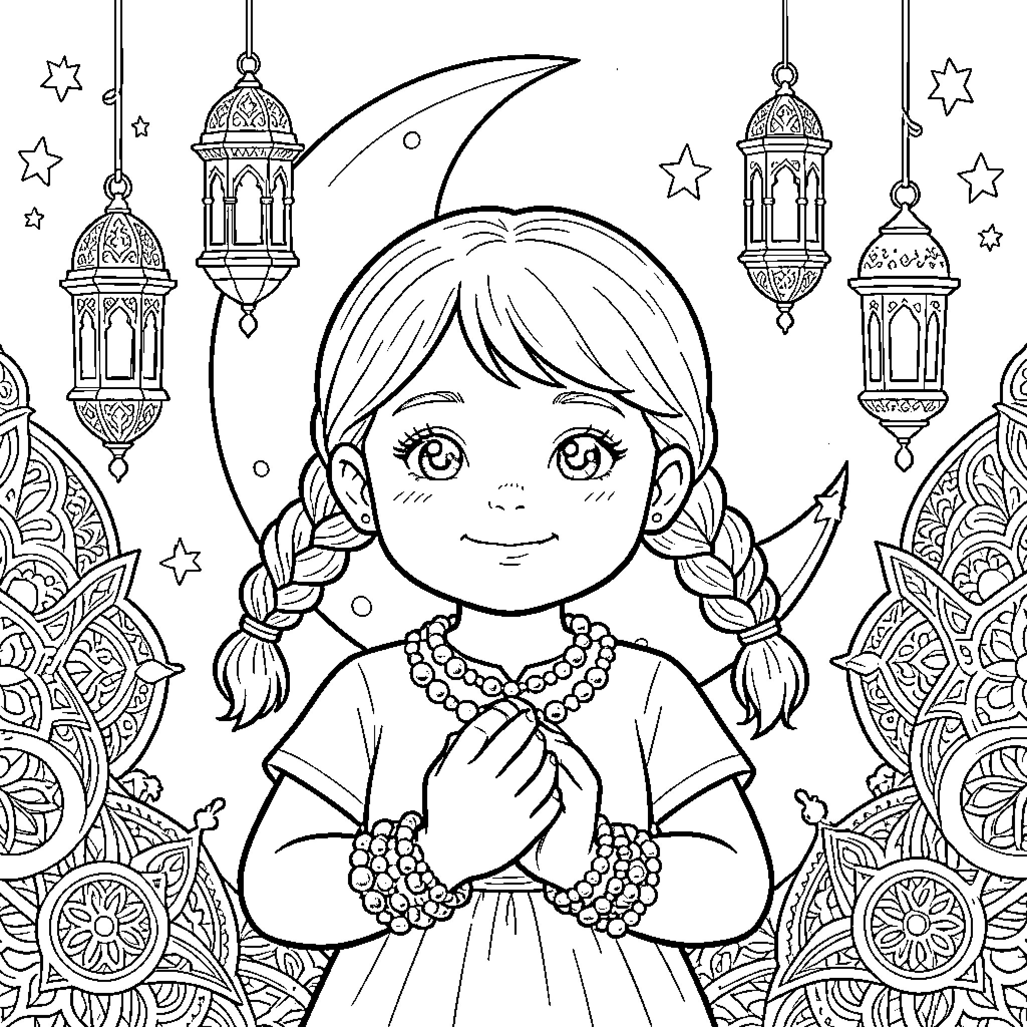 Girl praying in an ornate night setting Coloring Page (free black-and-white line drawing printable PDF for all, from beginners to advanced learners, including children, teens, adults, and seniors)