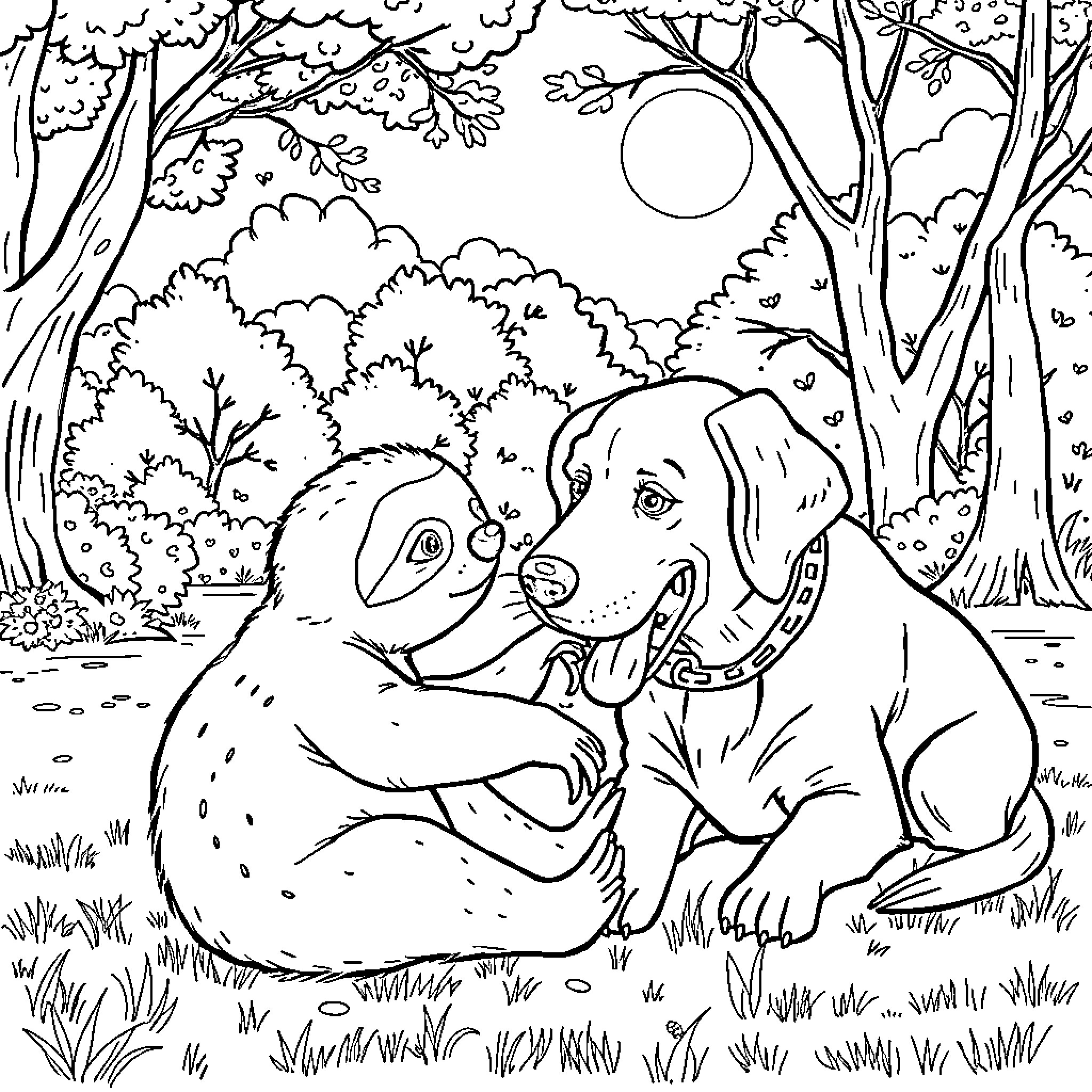 Sloth resting peacefully with a dog in the forest Coloring Page (free black-and-white line drawing printable PDF for all, from beginners to advanced learners, including children, teens, adults, and seniors)