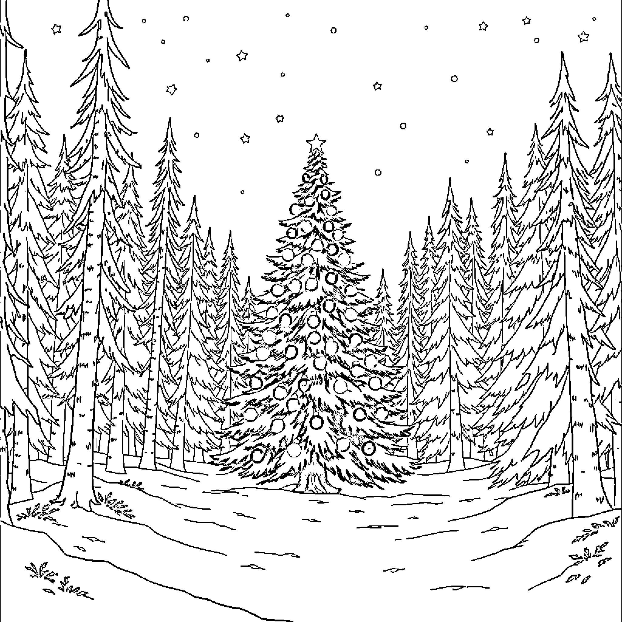 Tree-filled winter wonderland with decorated Christmas tree Coloring Page (free black-and-white line drawing printable PDF for all, from beginners to advanced learners, including children, teens, adults, and seniors)