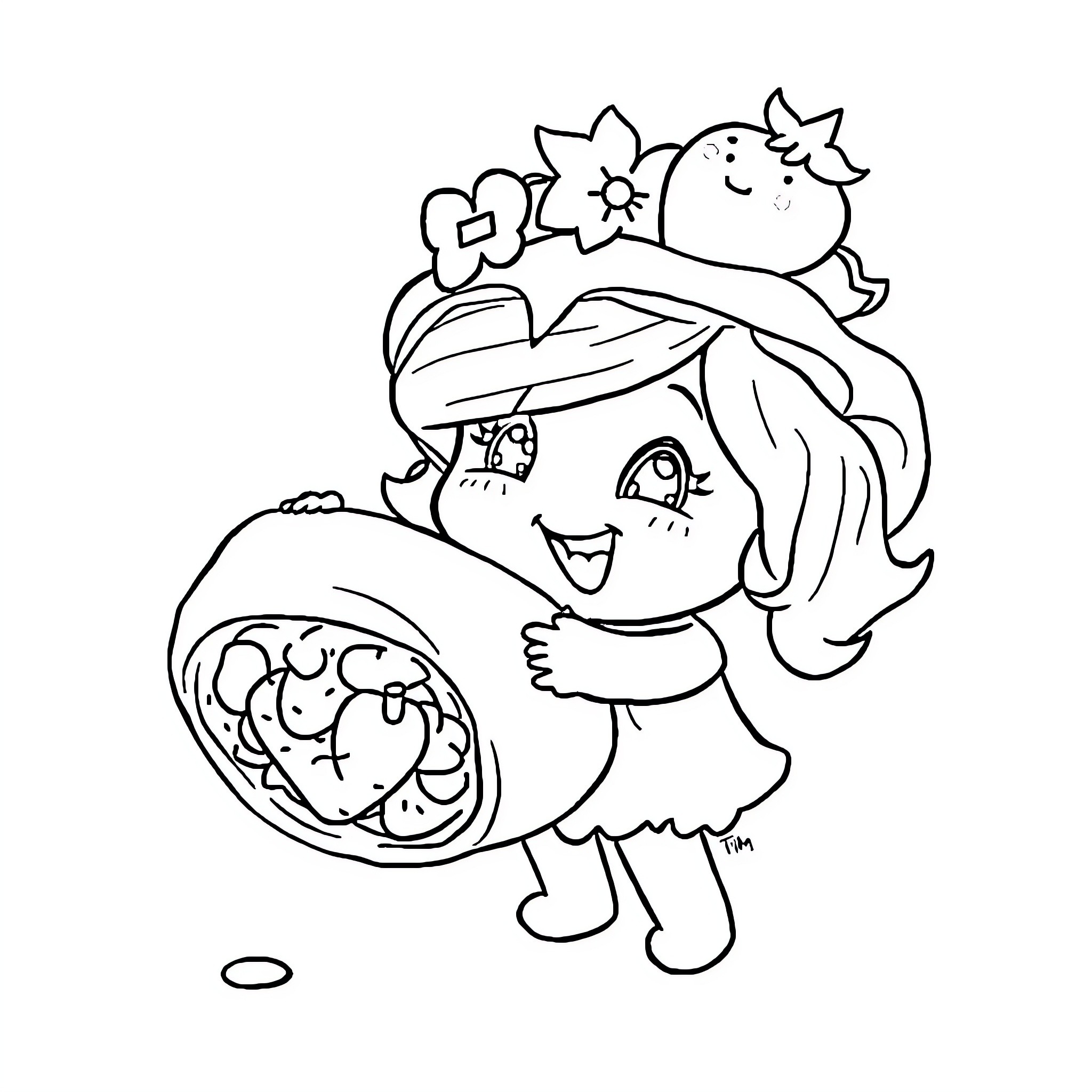 Strawberry Shortcake carrying a picnic basket Coloring Page (free black-and-white line drawing printable PDF for all, from beginners to advanced learners, including children, teens, adults, and seniors)