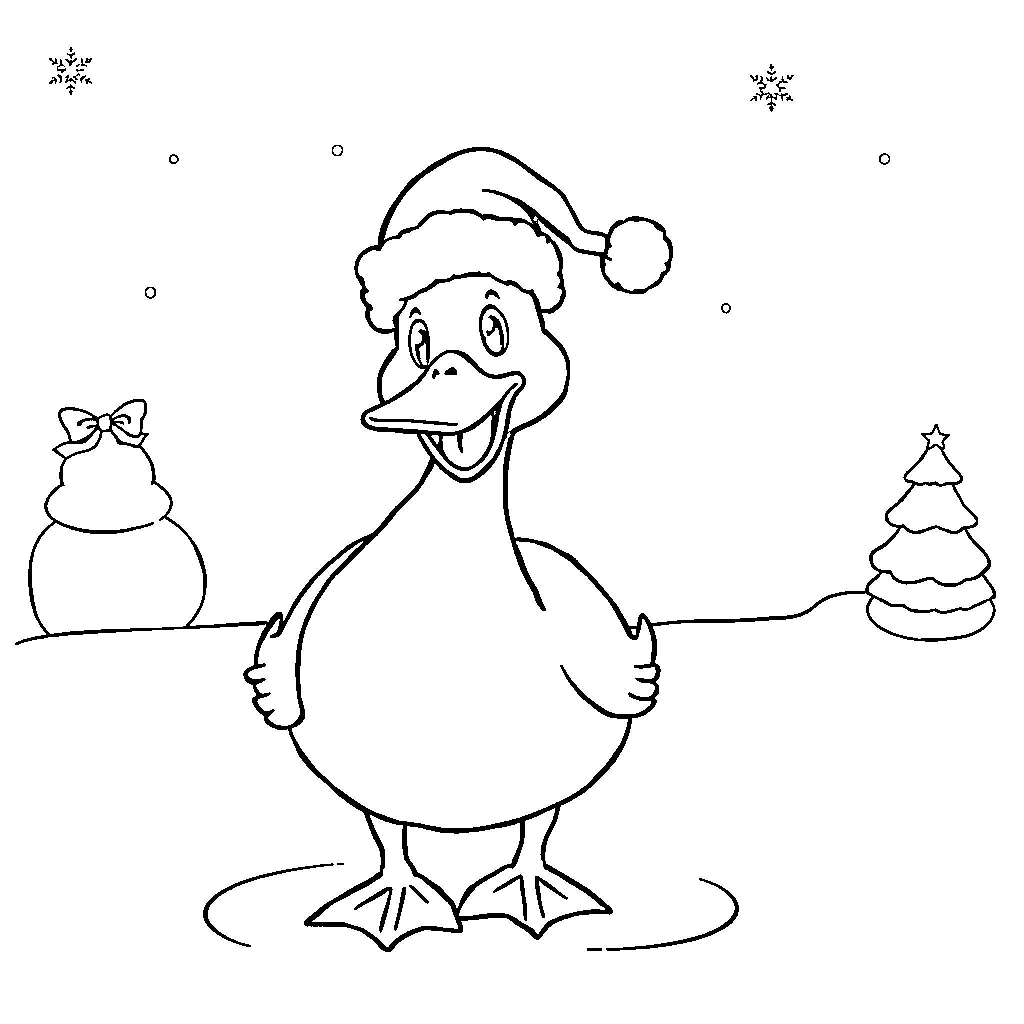 Duck wearing Santa hat enjoying winter scene Coloring Page (free black-and-white line drawing printable PDF for all, from beginners to advanced learners, including children, teens, adults, and seniors)