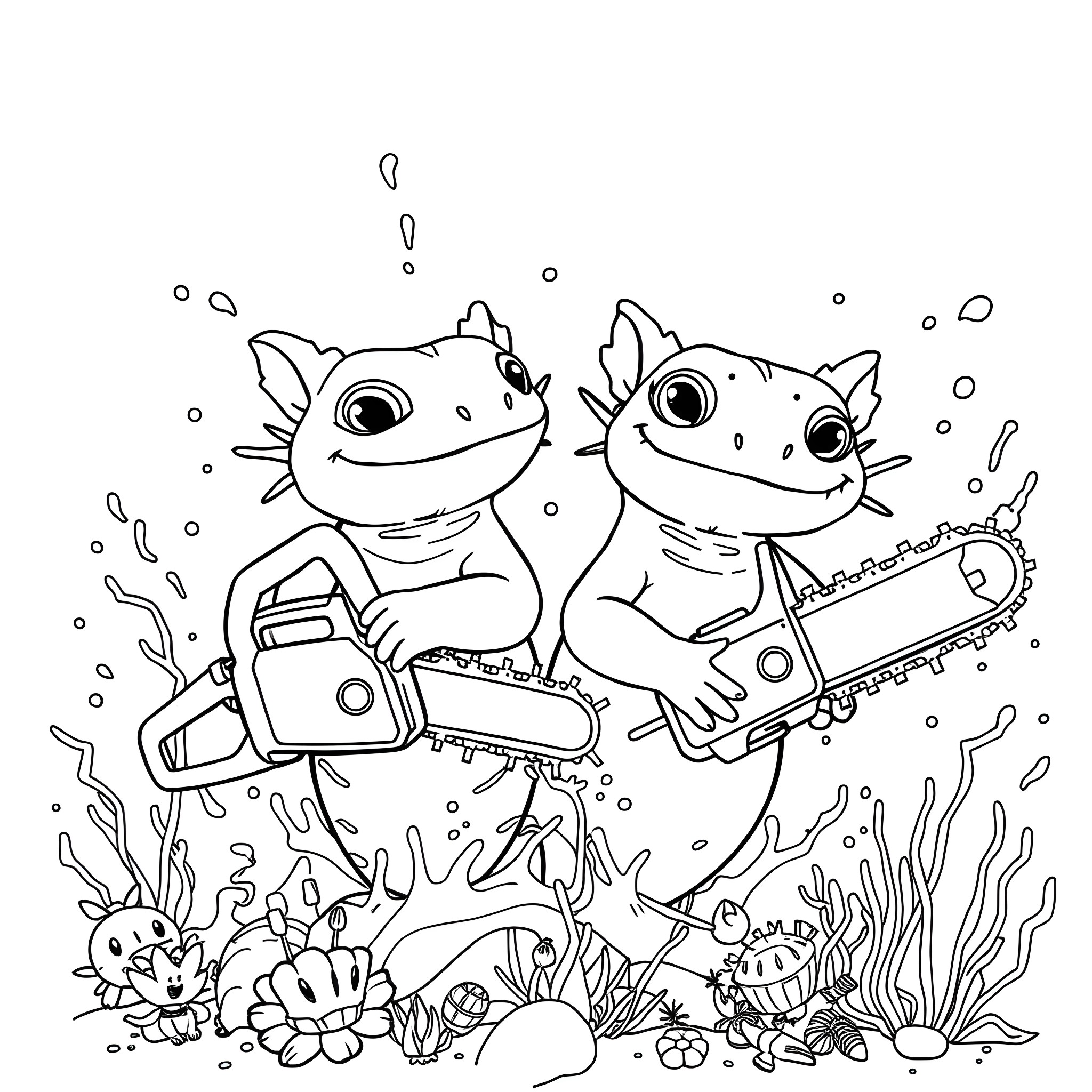 Axolotl playing adventurously with chainsaws underwater Coloring Page (free black-and-white line drawing printable PDF for all, from beginners to advanced learners, including children, teens, adults, and seniors)