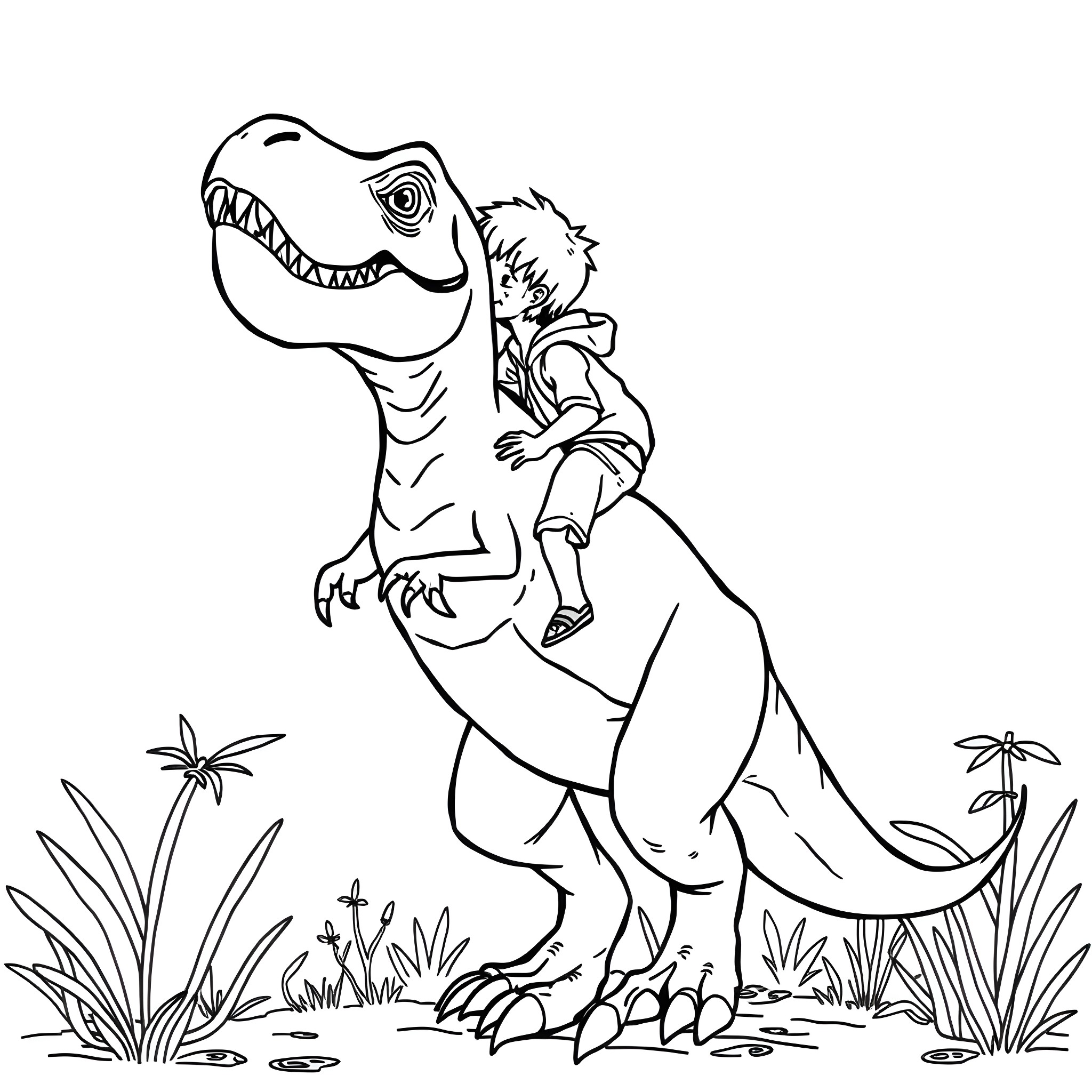 Boy rides on the back of a friendly dinosaur Coloring Page (free black-and-white line drawing printable PDF for all, from beginners to advanced learners, including children, teens, adults, and seniors)
