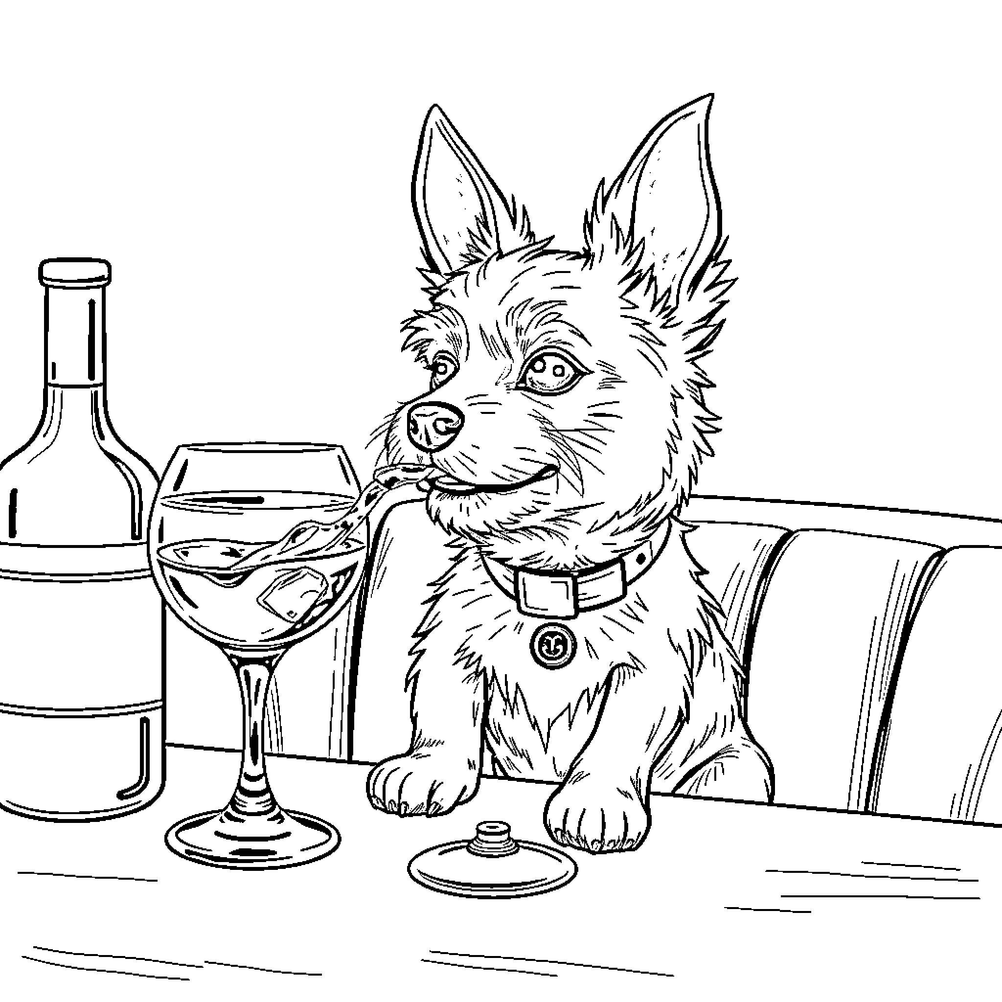 Dog enjoying a glass of wine at the bar Coloring Page (free black-and-white line drawing printable PDF for all, from beginners to advanced learners, including children, teens, adults, and seniors)