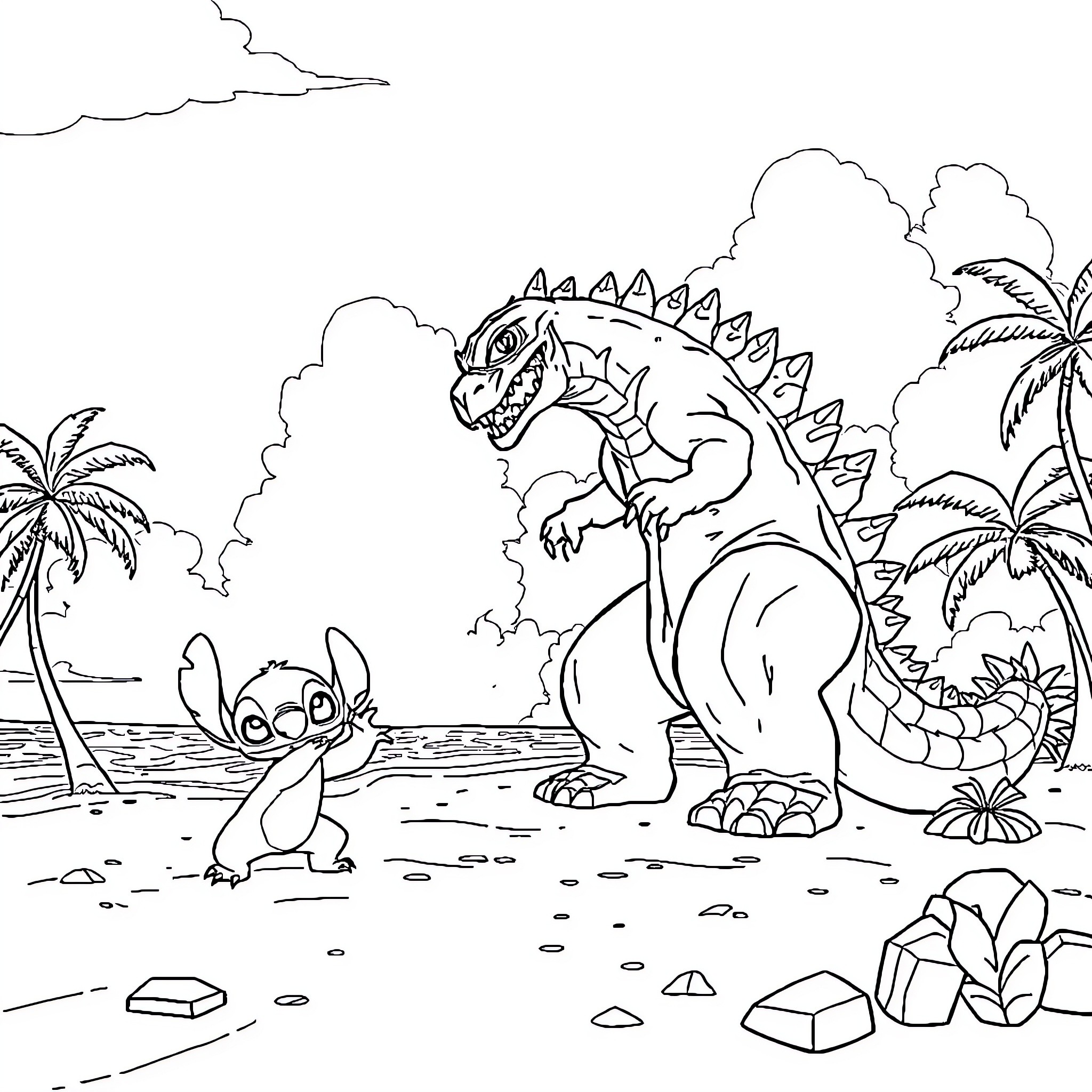 Stitch confronting a fearsome dinosaur on a tropical beach Coloring Page (free black-and-white line drawing printable PDF for all, from beginners to advanced learners, including children, teens, adults, and seniors)