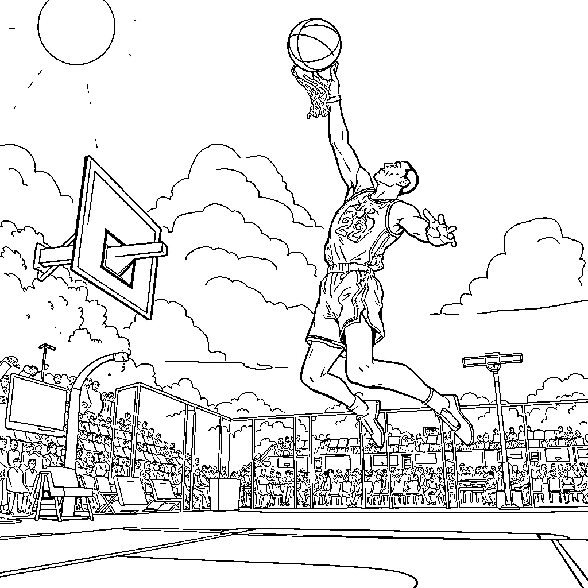 Spiderman dunking a basketball on a city court Coloring Page (free black-and-white line drawing printable PDF for all, from beginners to advanced learners, including children, teens, adults, and seniors)