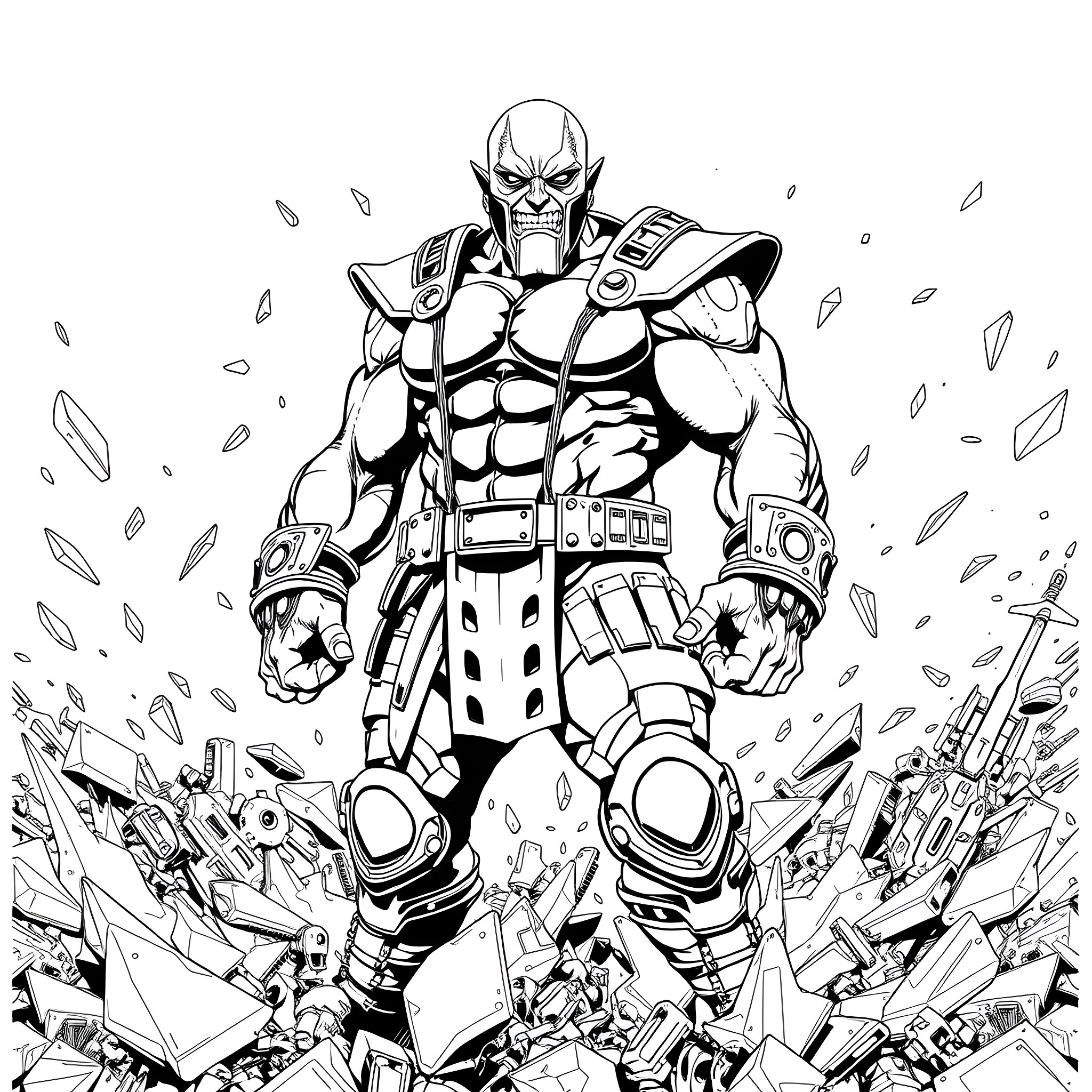 Nuke - Powerful warrior in the midst of destruction Coloring Page (free black-and-white line drawing printable PDF for all, from beginners to advanced learners, including children, teens, adults, and seniors)