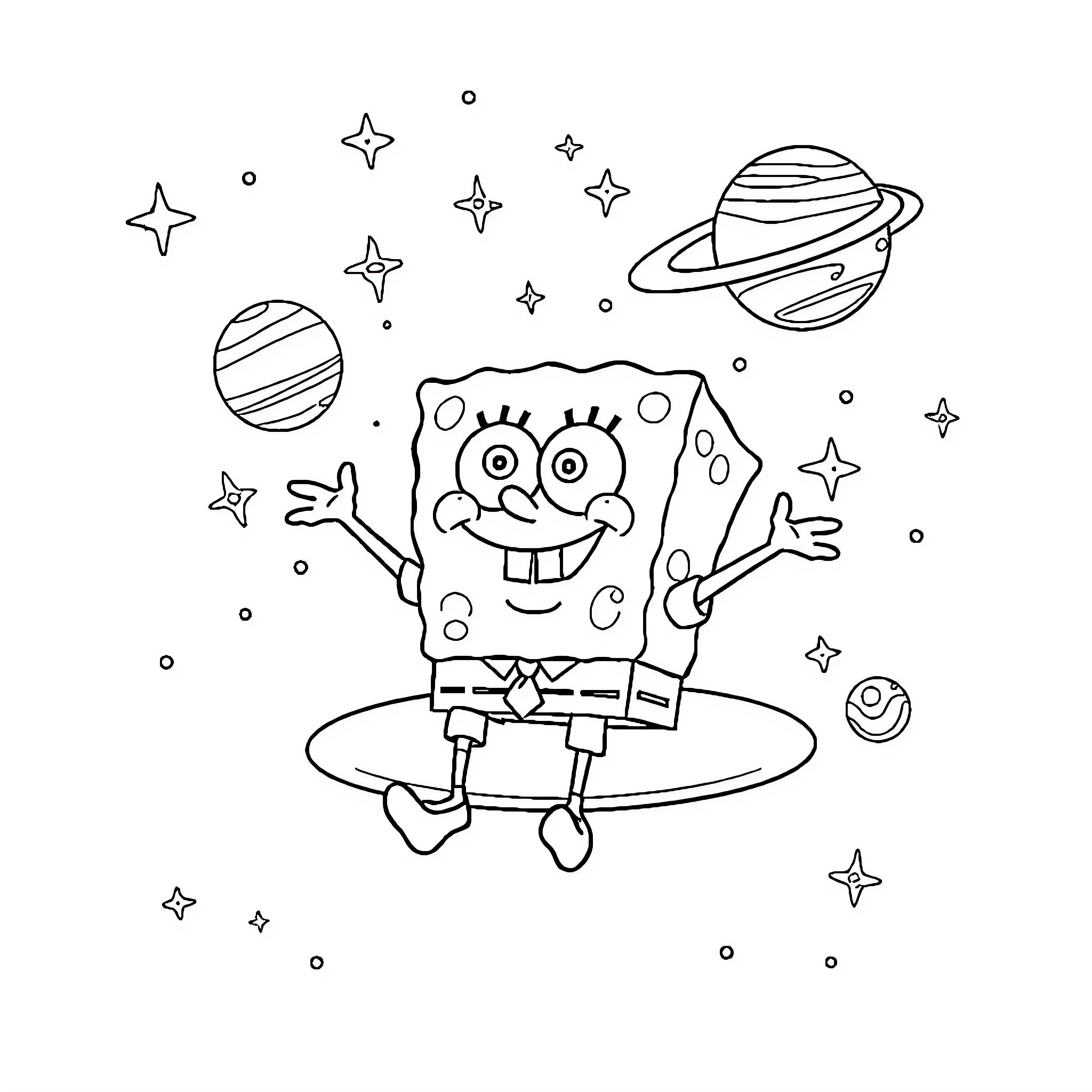 Spongebob's Cosmic Adventure Coloring Page (free black-and-white line drawing printable PDF for all, from beginners to advanced learners, including children, teens, adults, and seniors)