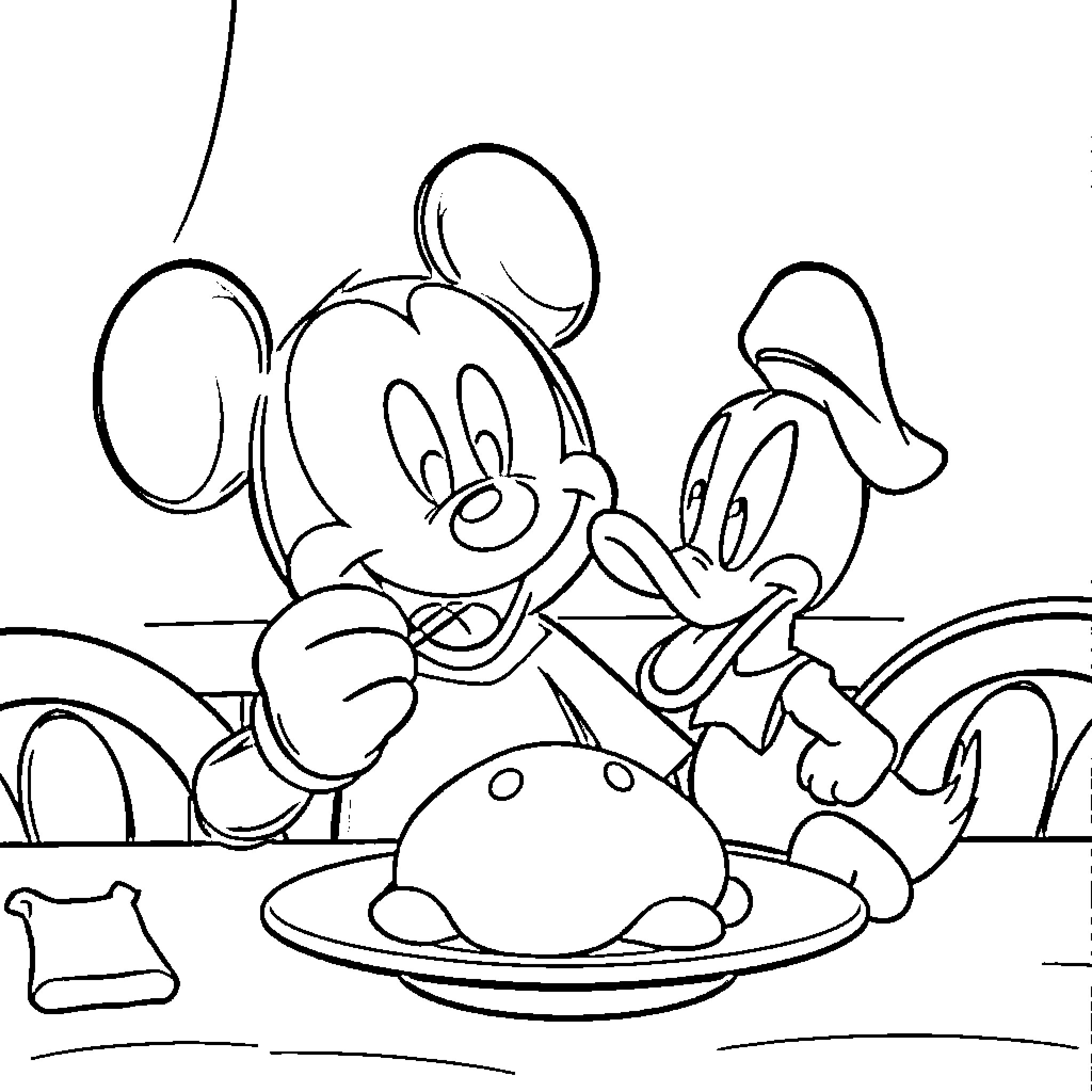 Mickey Mouse and Minnie Mouse enjoying a meal together Coloring Page (free black-and-white line drawing printable PDF for all, from beginners to advanced learners, including children, teens, adults, and seniors)