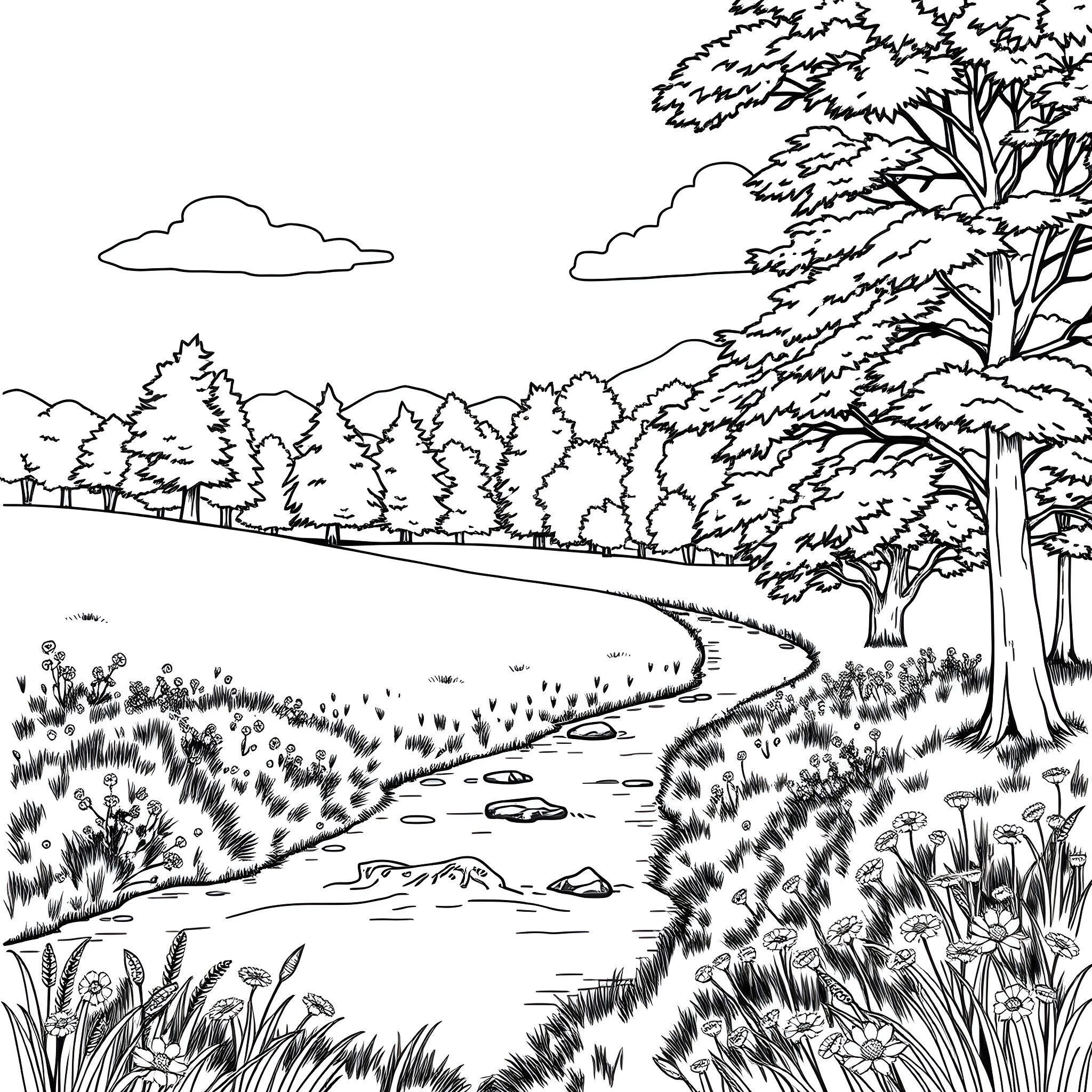 Outdoor Scenic Forest Landscape with Winding River Coloring Page (free black-and-white line drawing printable PDF for all, from beginners to advanced learners, including children, teens, adults, and seniors)