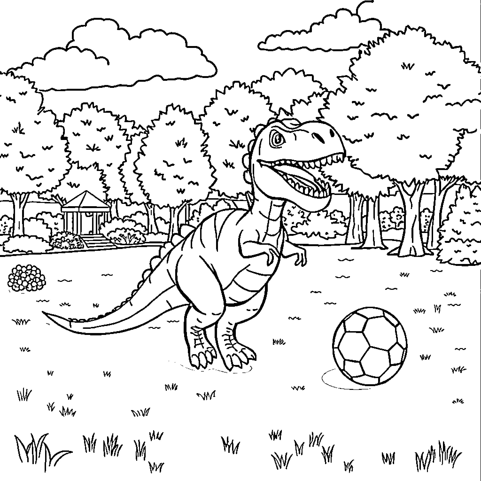 Dinosaur playing with soccer ball in the park Coloring Page (free black-and-white line drawing printable PDF for all, from beginners to advanced learners, including children, teens, adults, and seniors)