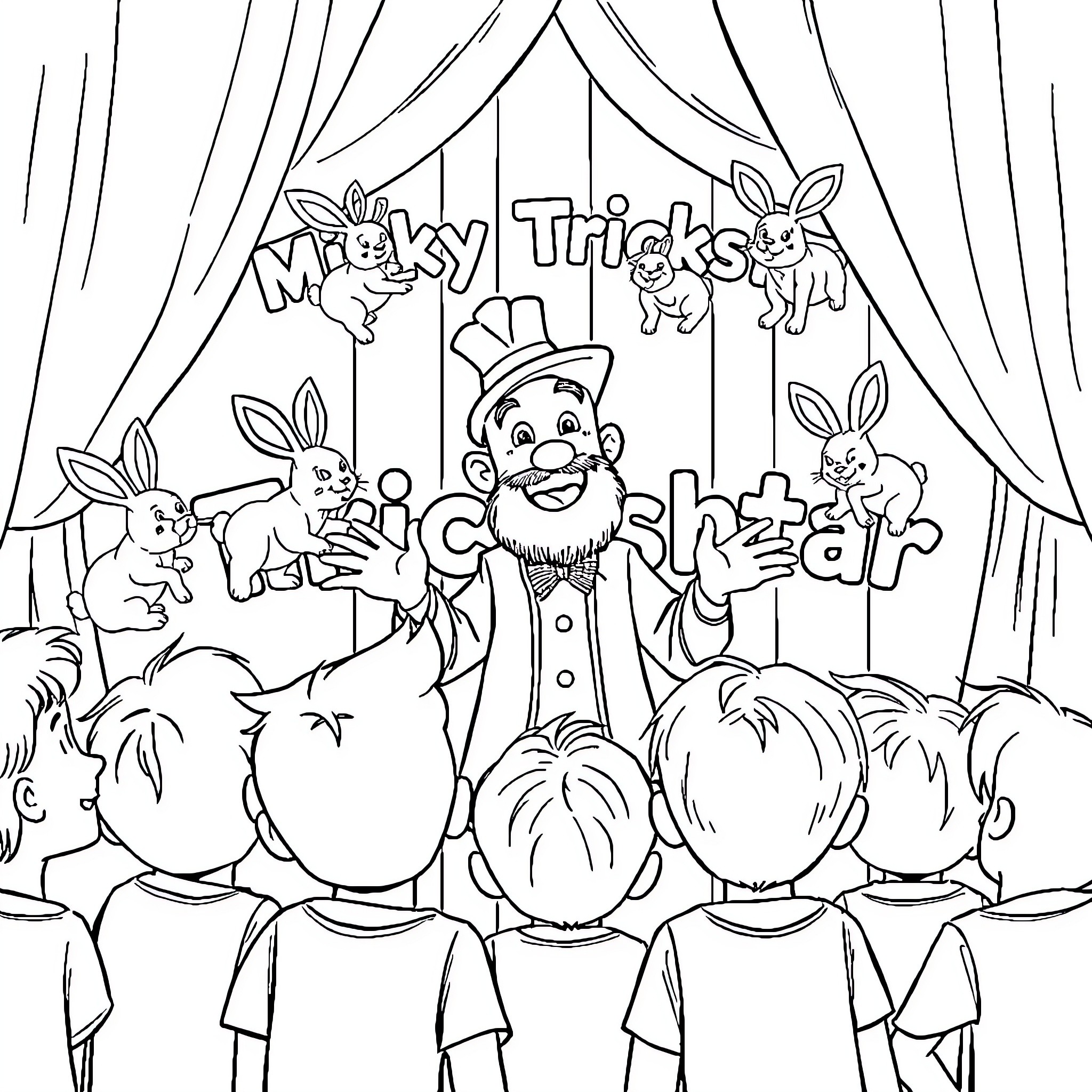 Magician performing tricks for an audience of children Coloring Page (free black-and-white line drawing printable PDF for all, from beginners to advanced learners, including children, teens, adults, and seniors)