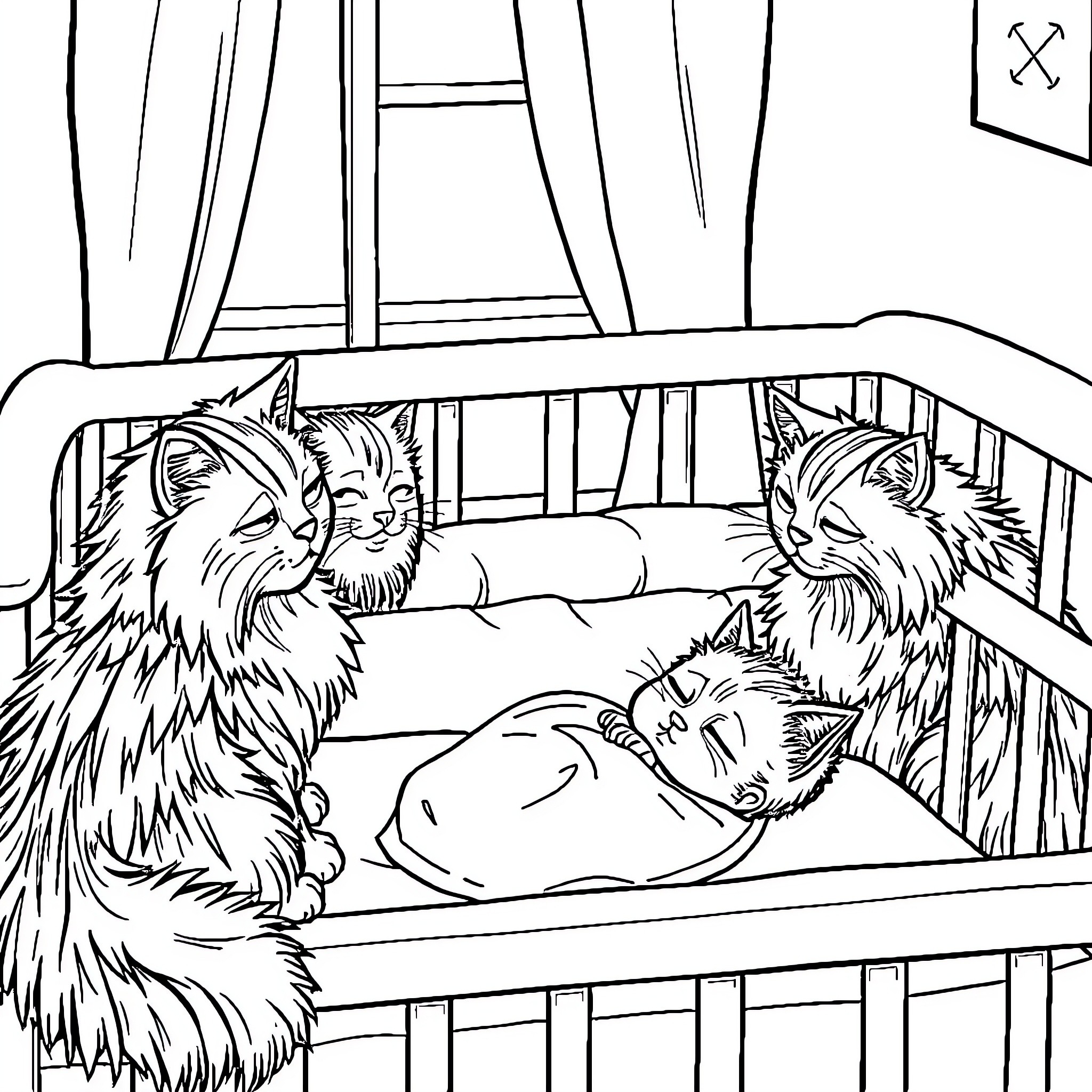 Cat napping peacefully with baby in crib Coloring Page (free black-and-white line drawing printable PDF for all, from beginners to advanced learners, including children, teens, adults, and seniors)