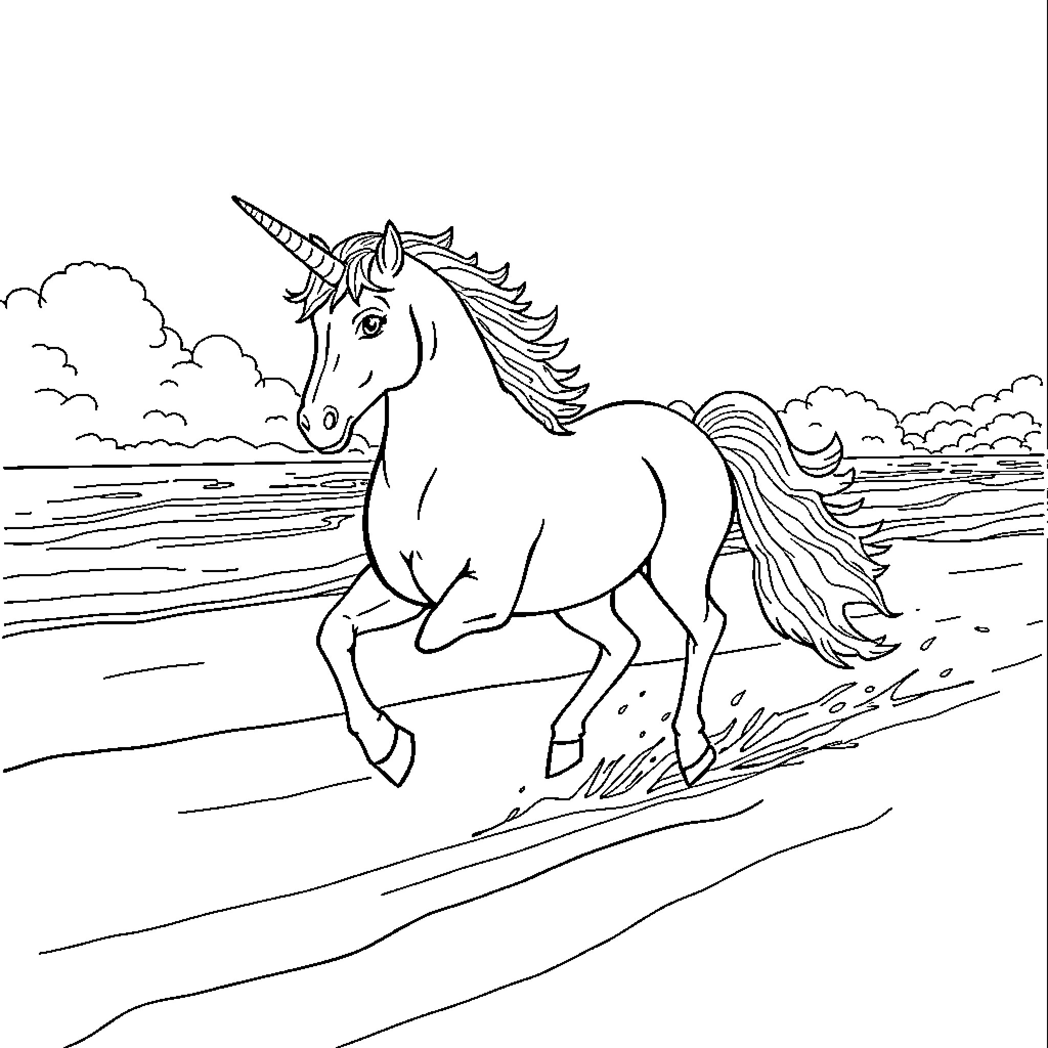 Unicorn galloping through the countryside Coloring Page (free black-and-white line drawing printable PDF for all, from beginners to advanced learners, including children, teens, adults, and seniors)