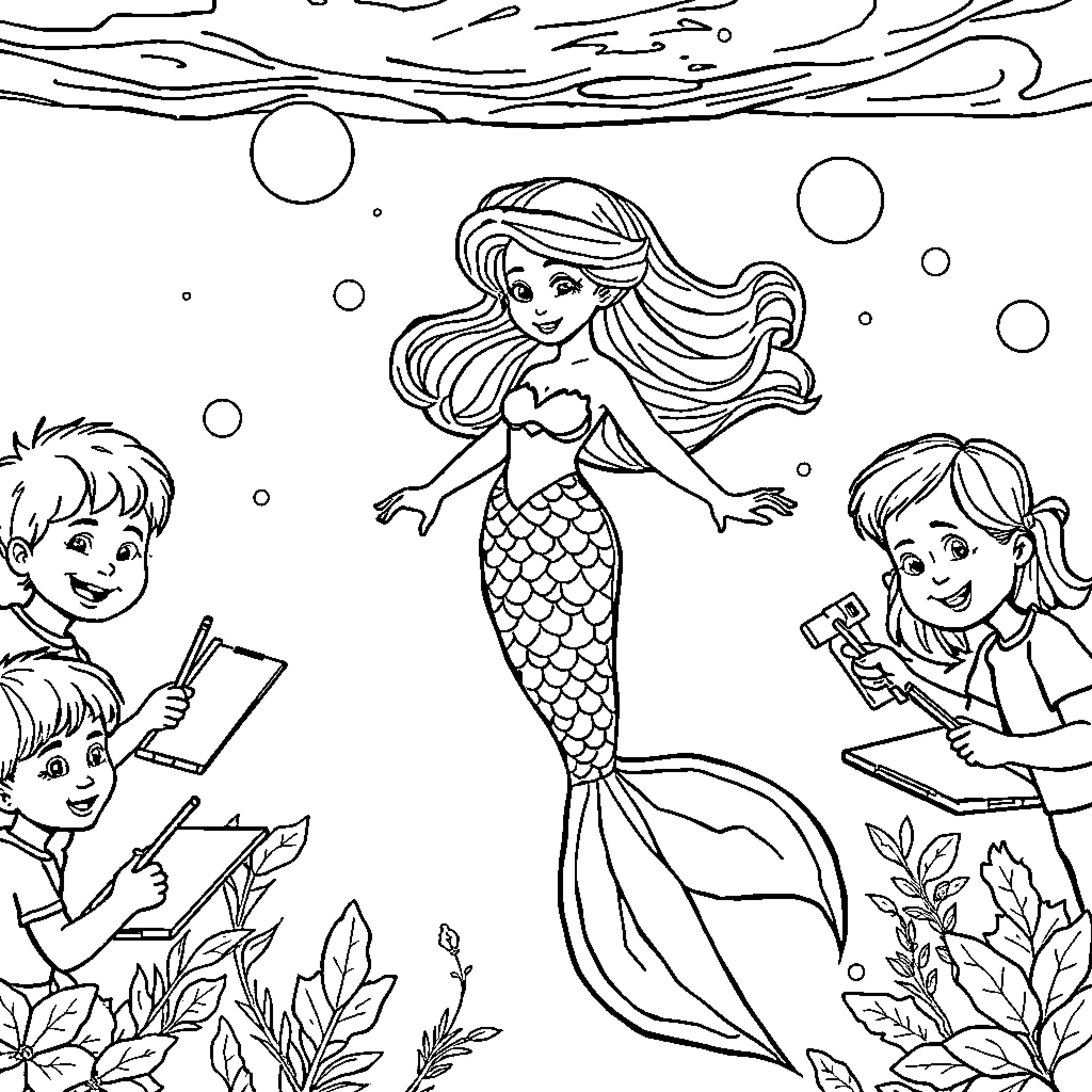 Mermaid enchants children in underwater wonderland Coloring Page (free black-and-white line drawing printable PDF for all, from beginners to advanced learners, including children, teens, adults, and seniors)