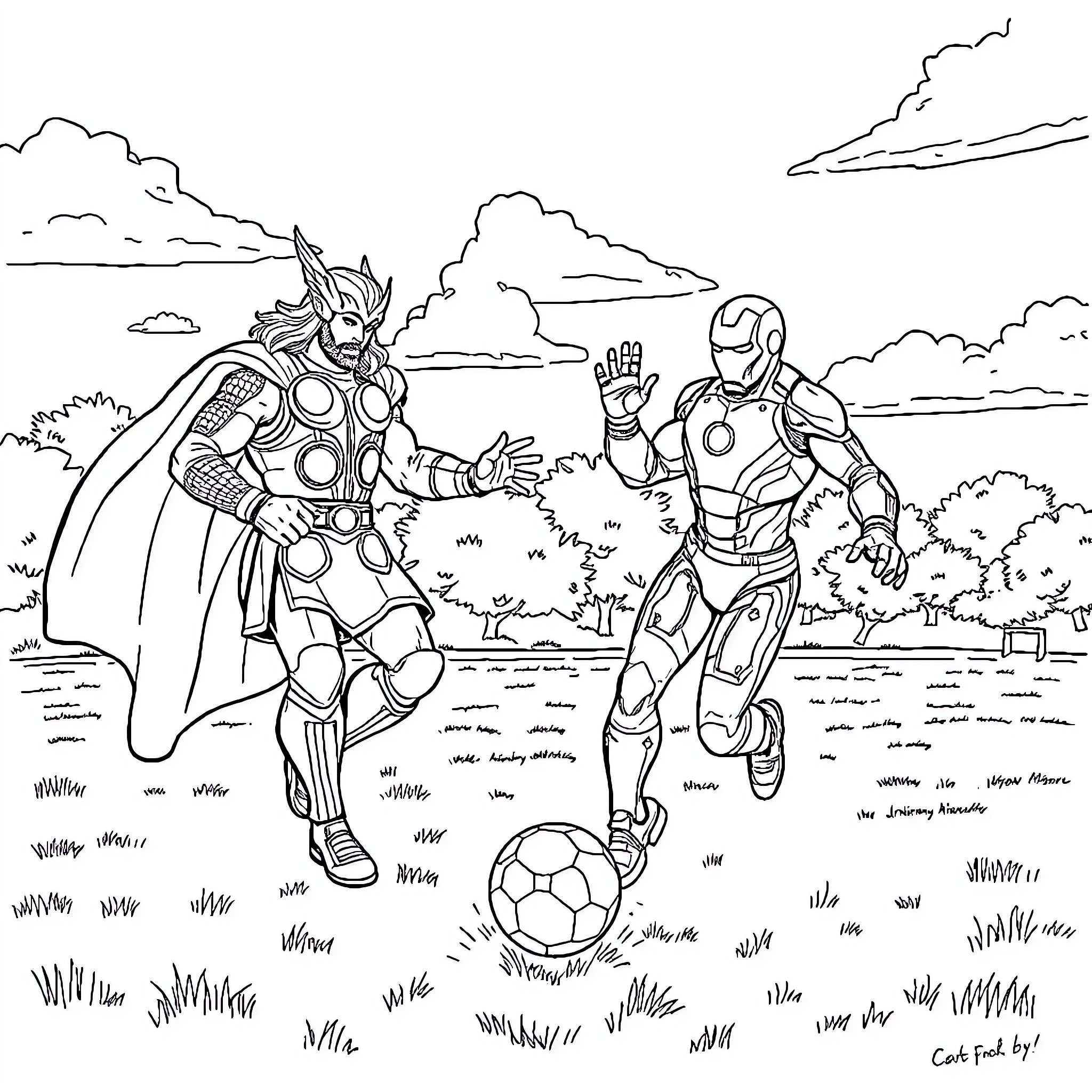 Thor and Iron Man playing soccer in the park Coloring Page (free black-and-white line drawing printable PDF for all, from beginners to advanced learners, including children, teens, adults, and seniors)