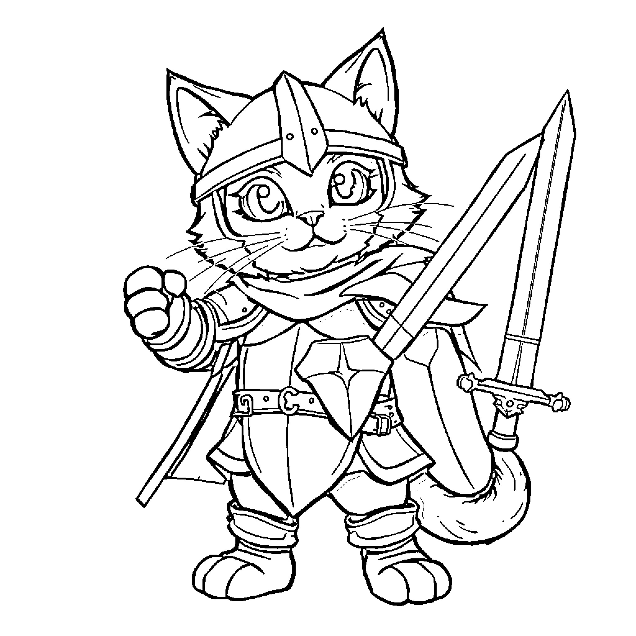Cat warrior wielding swords in armor Coloring Page (free black-and-white line drawing printable PDF for all, from beginners to advanced learners, including children, teens, adults, and seniors)
