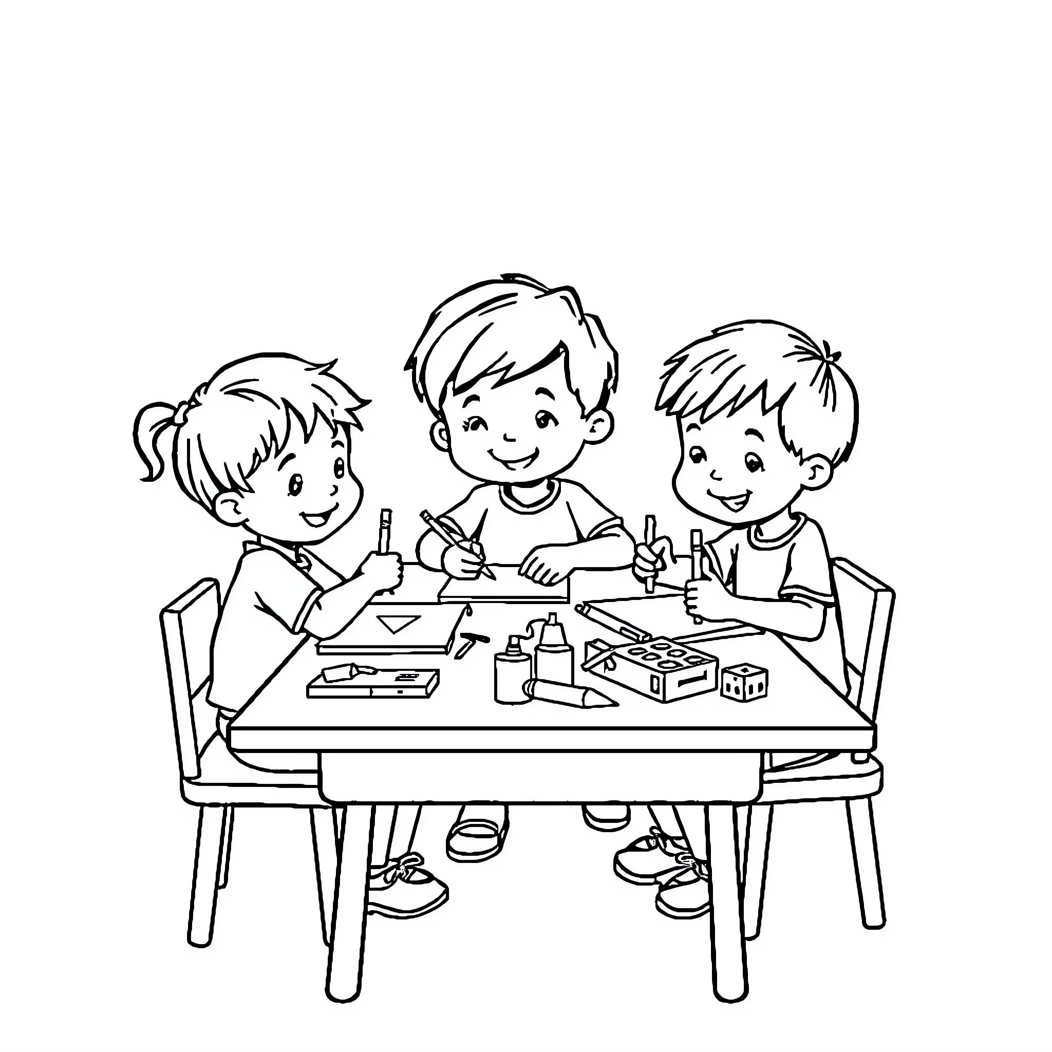 Kid Trio Engaged in Arts and Crafts Project Coloring Page (free black-and-white line drawing printable PDF for all, from beginners to advanced learners, including children, teens, adults, and seniors)