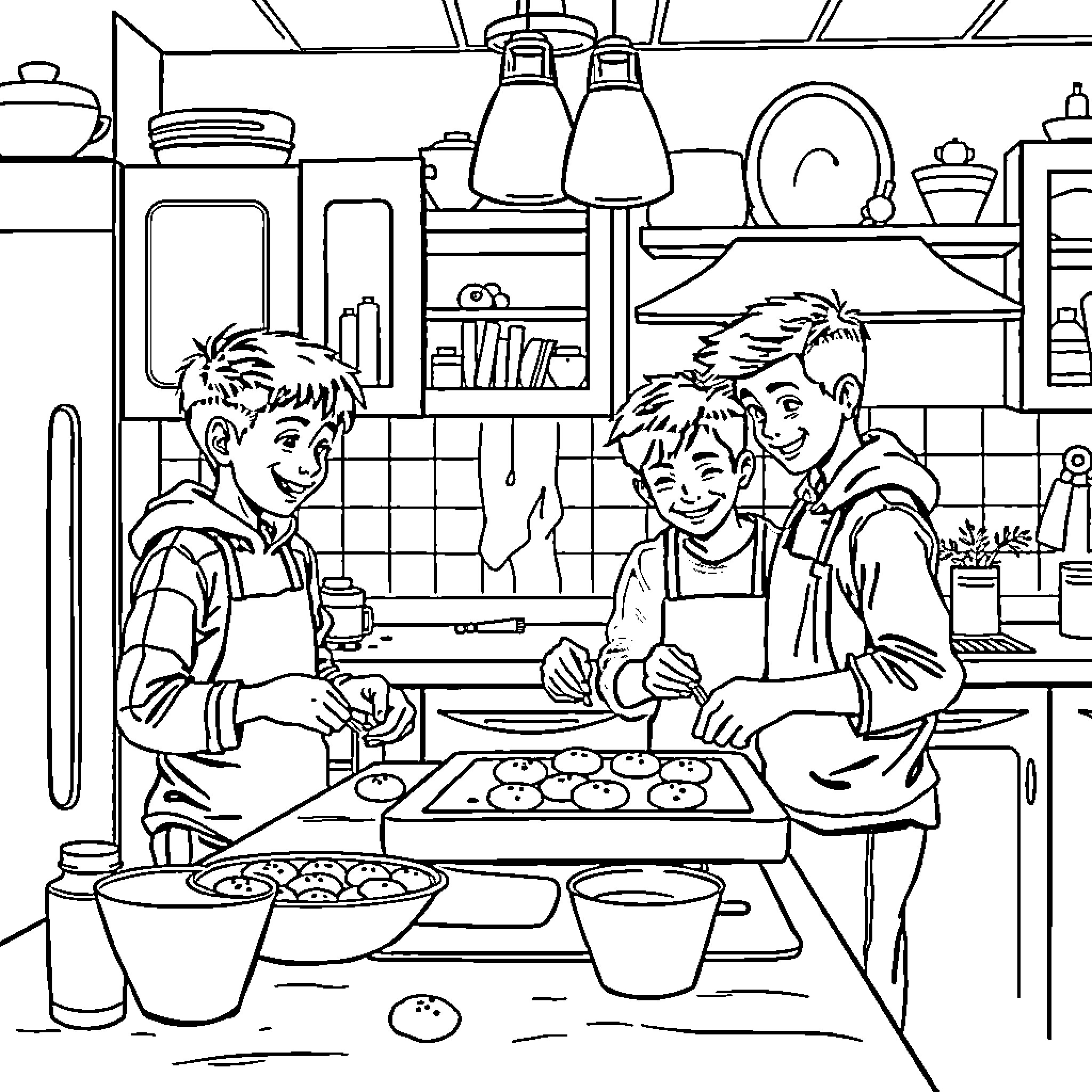 Boys Baking Together in the Kitchen Coloring Page (free black-and-white line drawing printable PDF for all, from beginners to advanced learners, including children, teens, adults, and seniors)