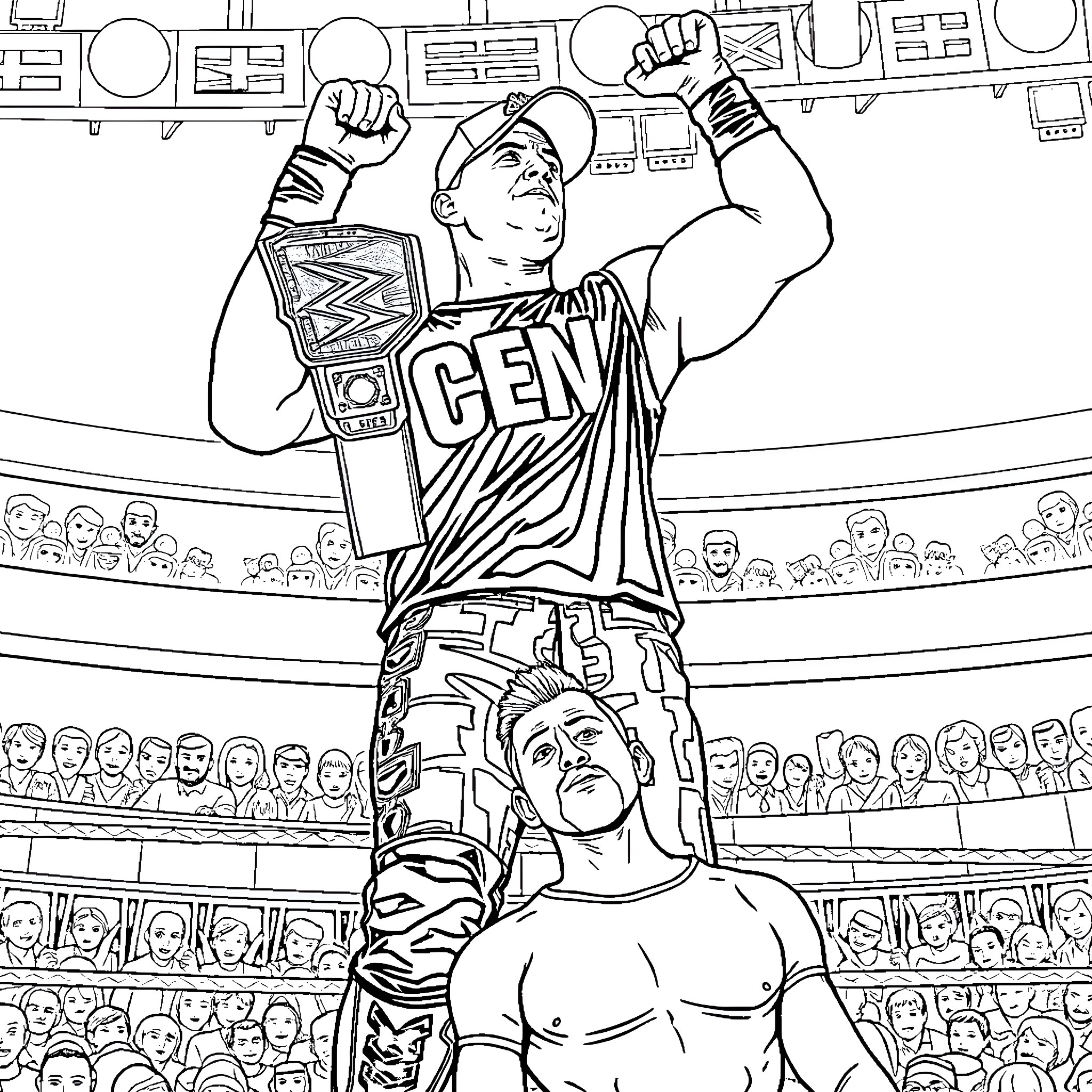 John Cena's triumphant championship victory Coloring Page (free black-and-white line drawing printable PDF for all, from beginners to advanced learners, including children, teens, adults, and seniors)
