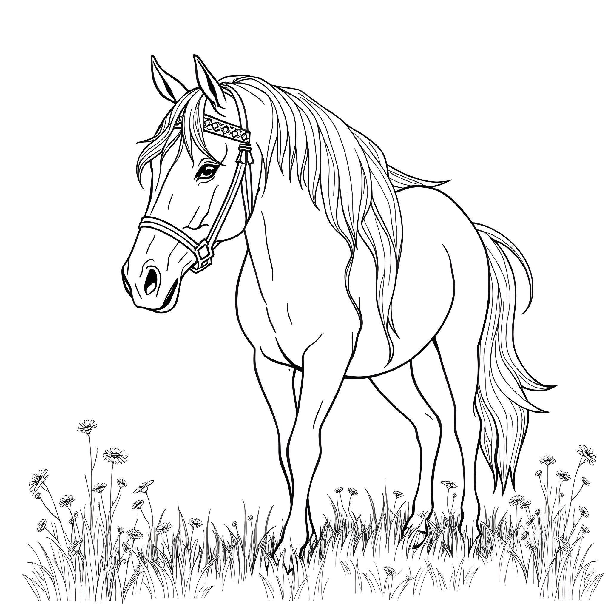 Horse in a field with flowers Coloring Page (free black-and-white line drawing printable PDF for all, from beginners to advanced learners, including children, teens, adults, and seniors)