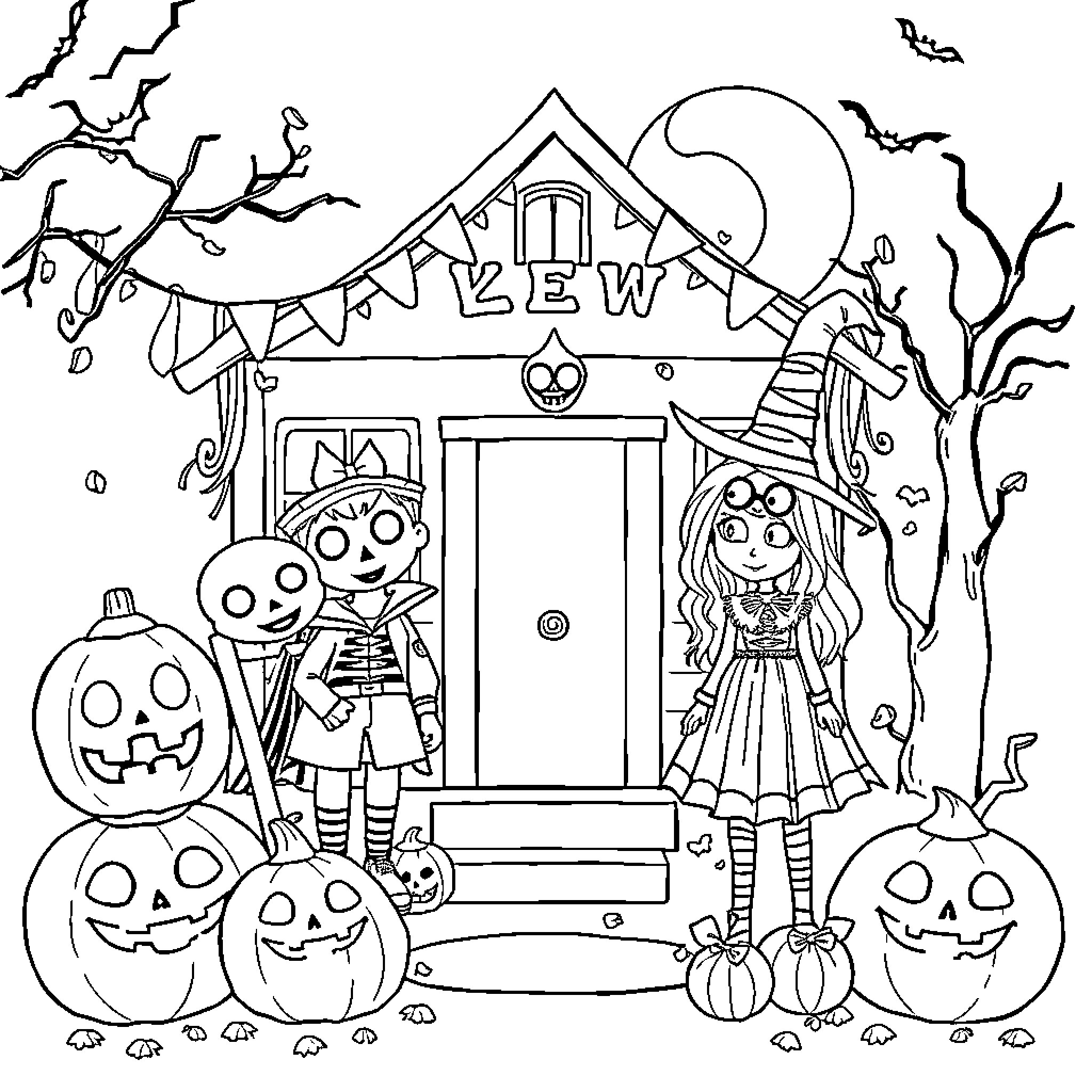 Cochlear Implant Recipients Celebrate Halloween Coloring Page (free black-and-white line drawing printable PDF for all, from beginners to advanced learners, including children, teens, adults, and seniors)