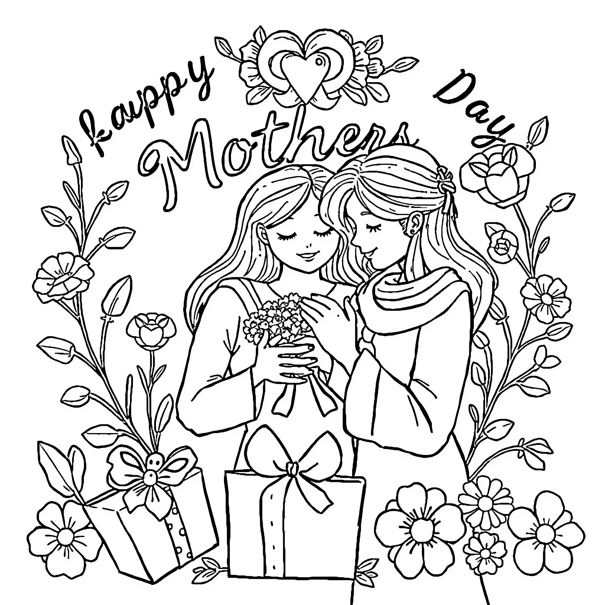 Mother and daughter celebrating happy Mother's Day Coloring Page (free black-and-white line drawing printable PDF for all, from beginners to advanced learners, including children, teens, adults, and seniors)