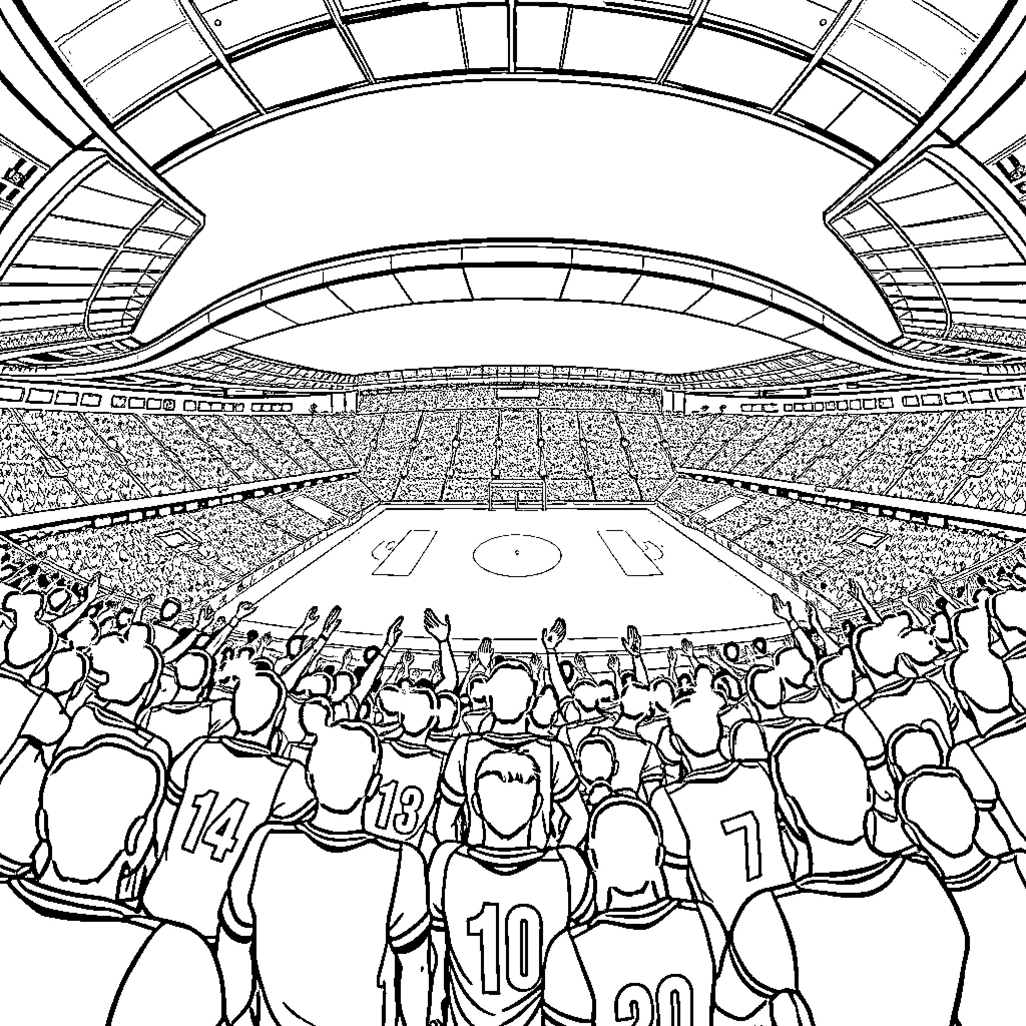 Stadium filled with cheering spectators at sporting event Coloring Page (free black-and-white line drawing printable PDF for all, from beginners to advanced learners, including children, teens, adults, and seniors)