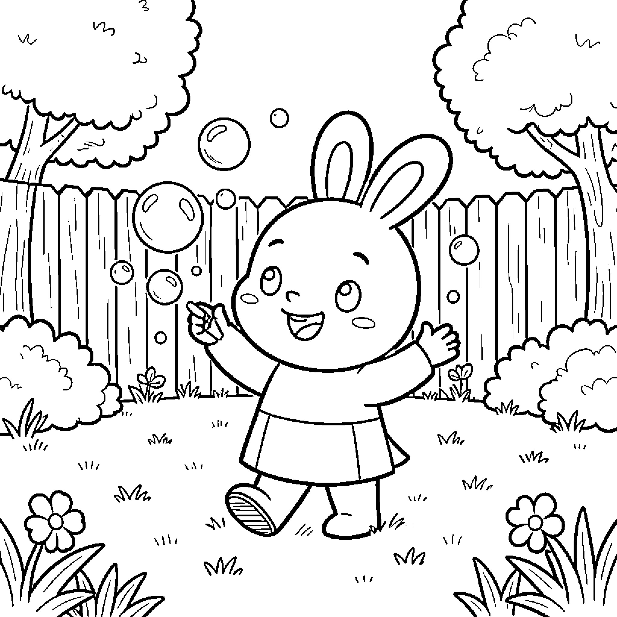 Tchoupi playing with bubbles in a garden Coloring Page (free black-and-white line drawing printable PDF for all, from beginners to advanced learners, including children, teens, adults, and seniors)