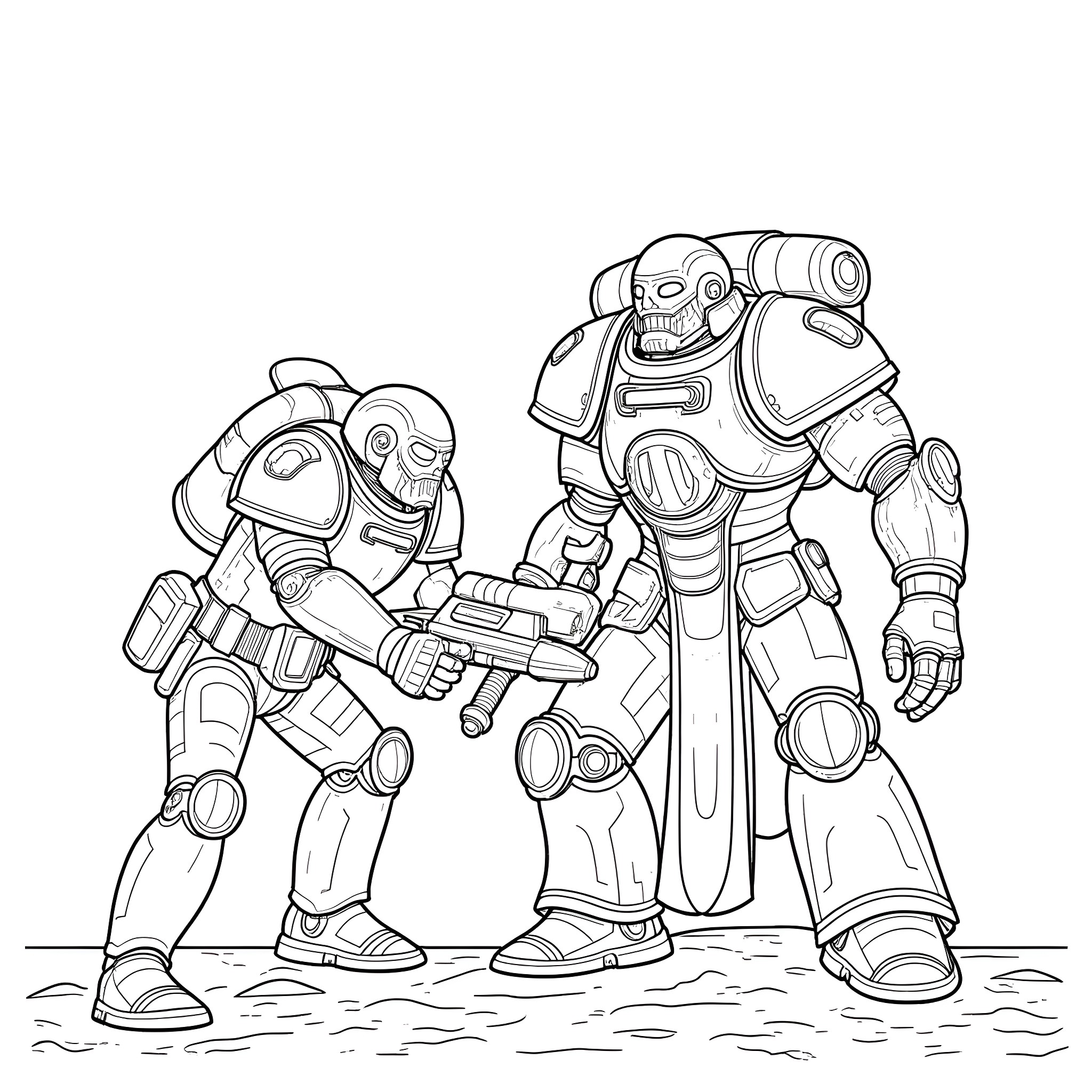 Tech-Priests Assisting Each Other in Rugged Terrain Coloring Page (free black-and-white line drawing printable PDF for all, from beginners to advanced learners, including children, teens, adults, and seniors)