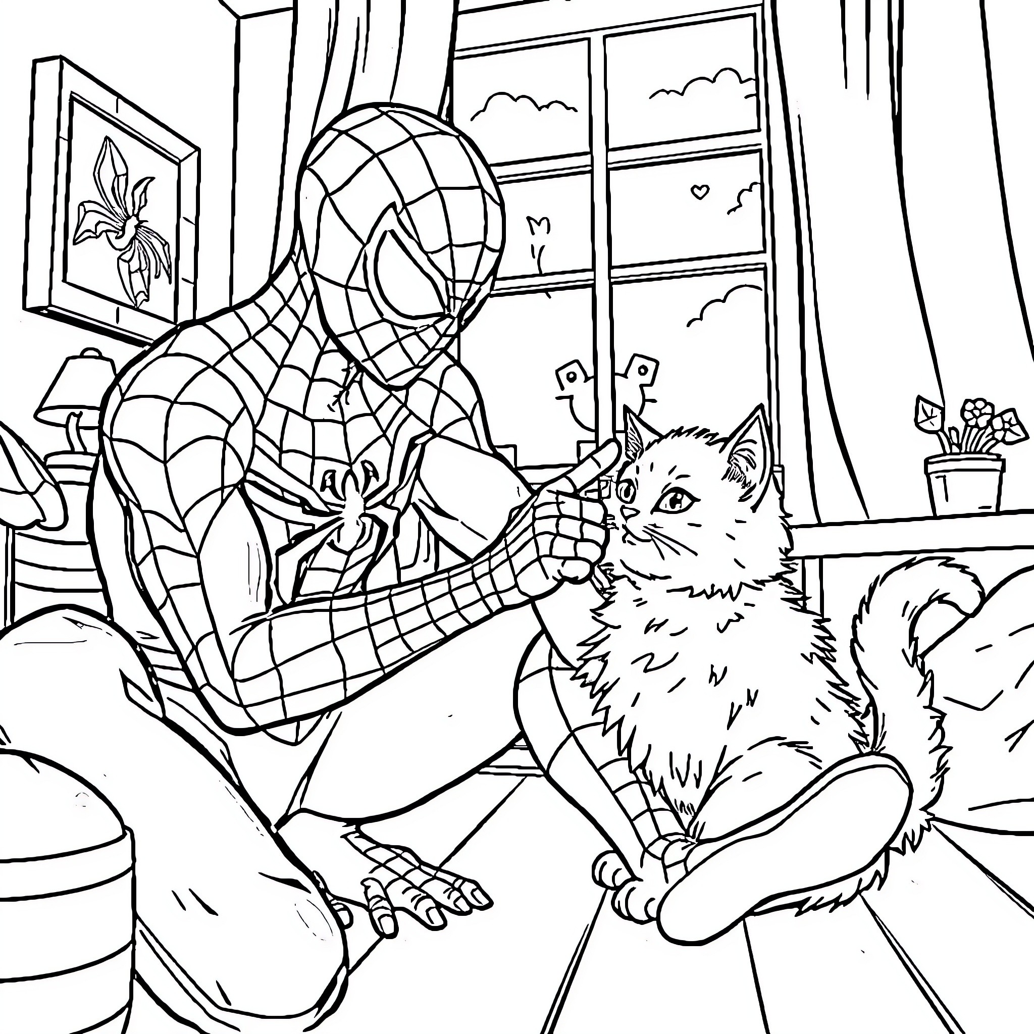 Spiderman playing with a furry friend in cozy room Coloring Page (free black-and-white line drawing printable PDF for all, from beginners to advanced learners, including children, teens, adults, and seniors)