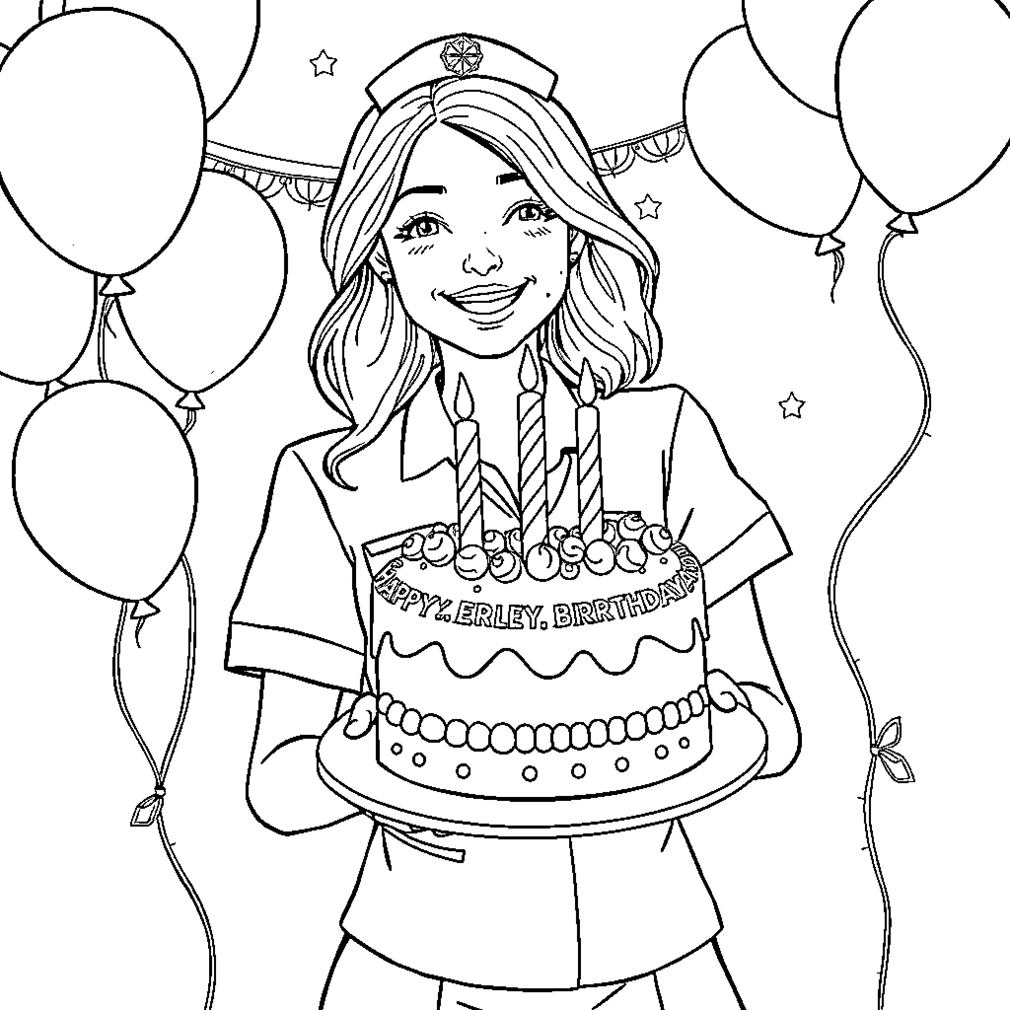 Nurse smiles while holding birthday cake surrounded by balloons Coloring Page (free black-and-white line drawing printable PDF for all, from beginners to advanced learners, including children, teens, adults, and seniors)