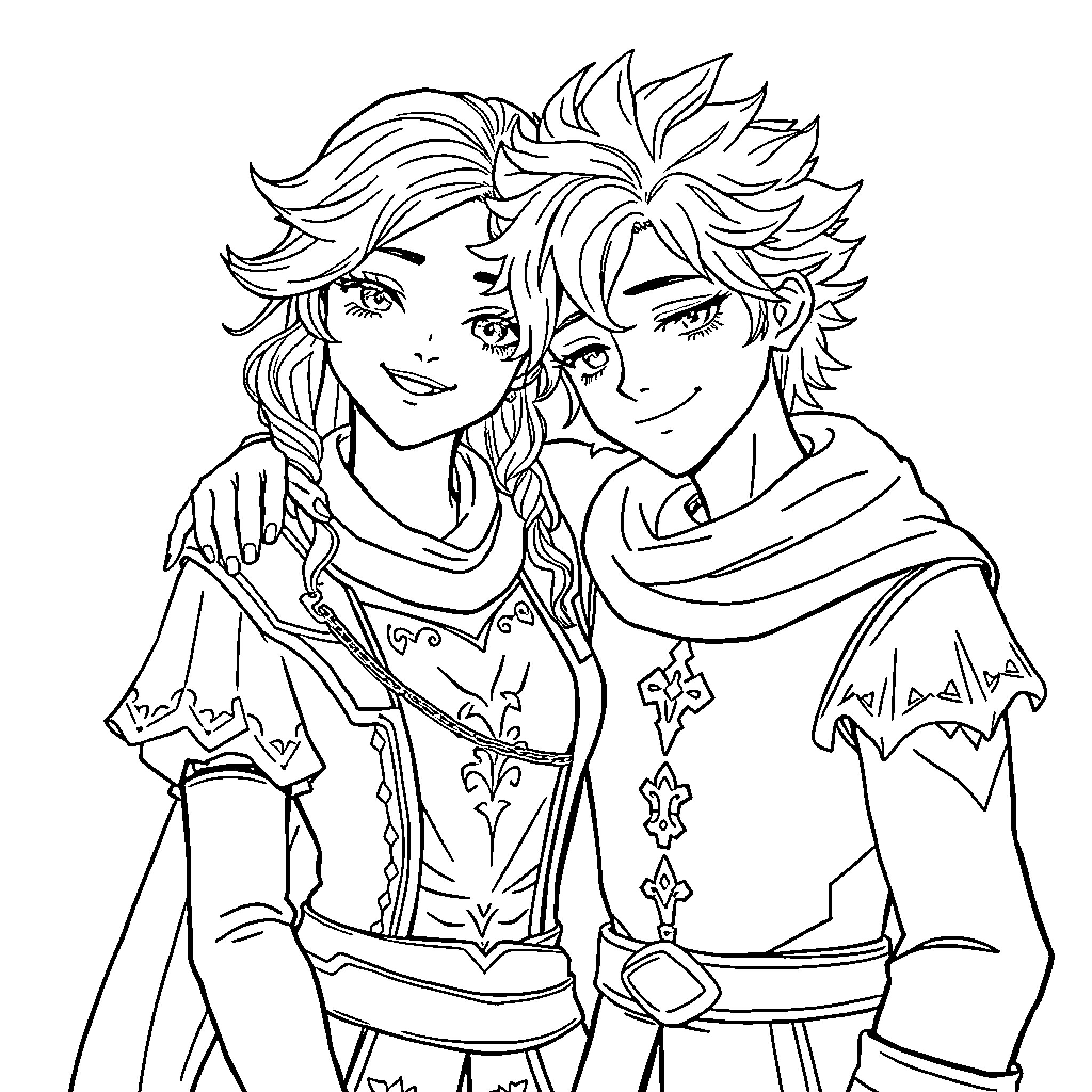 Alisaie and her companion in fantasy attire Coloring Page (free black-and-white line drawing printable PDF for all, from beginners to advanced learners, including children, teens, adults, and seniors)
