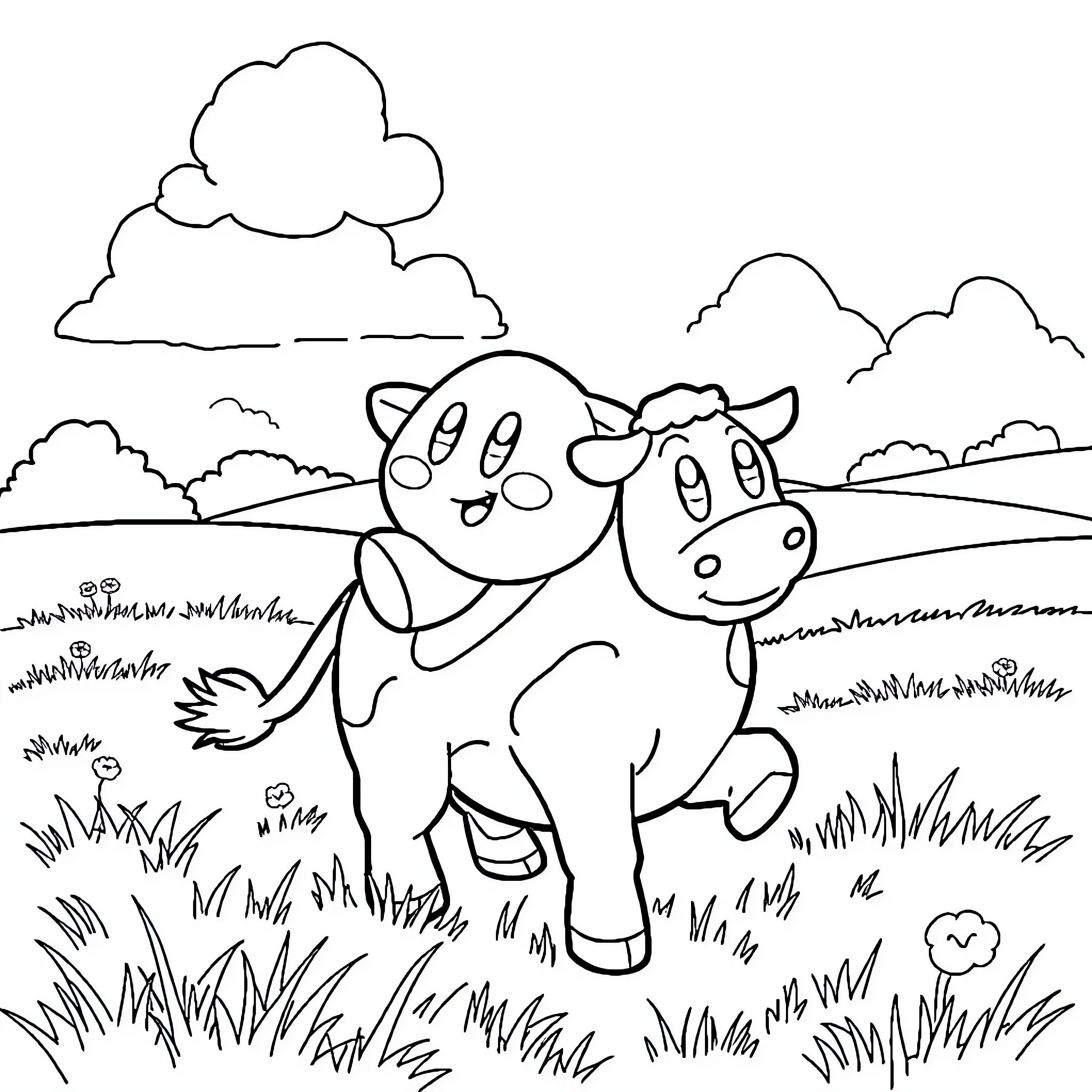 Kirby characters in a rural landscape Coloring Page (free black-and-white line drawing printable PDF for all, from beginners to advanced learners, including children, teens, adults, and seniors)