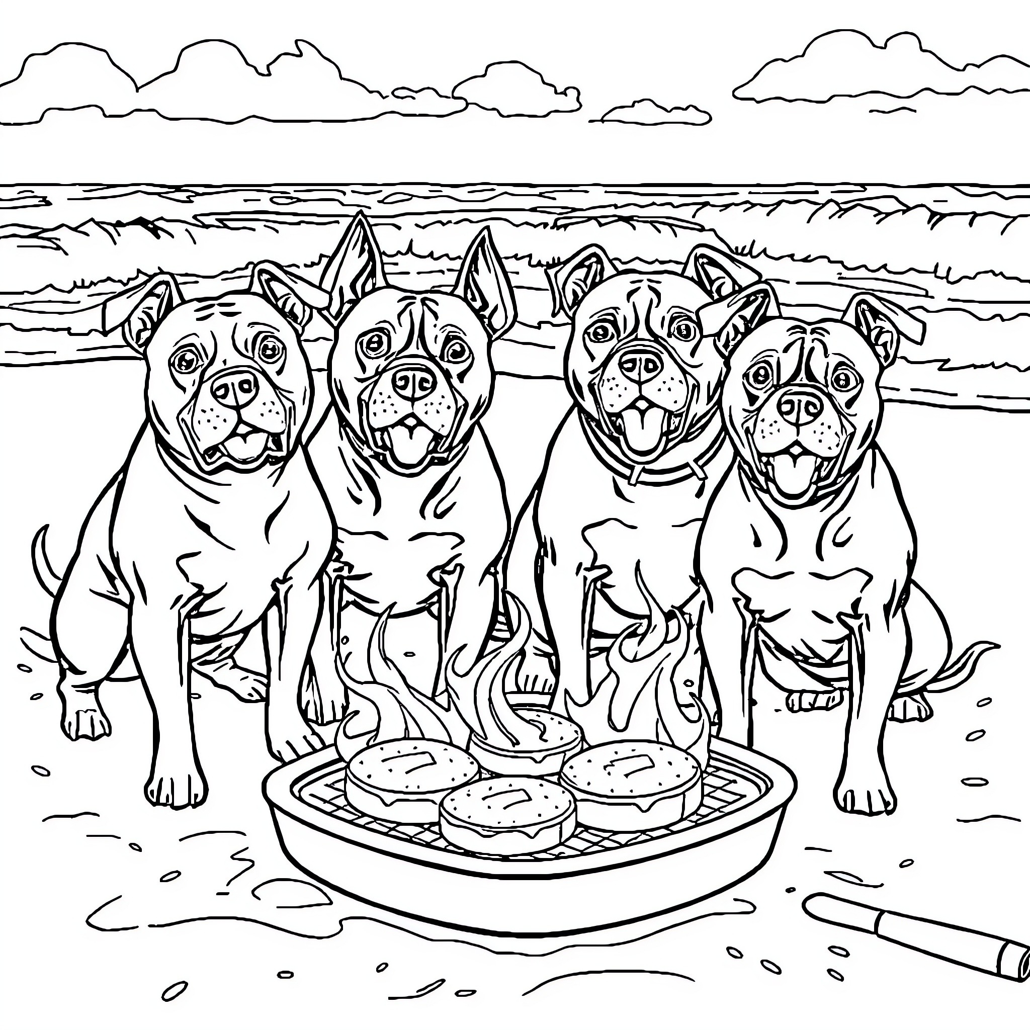 Pitbulls enjoying treats on the beach Coloring Page (free black-and-white line drawing printable PDF for all, from beginners to advanced learners, including children, teens, adults, and seniors)