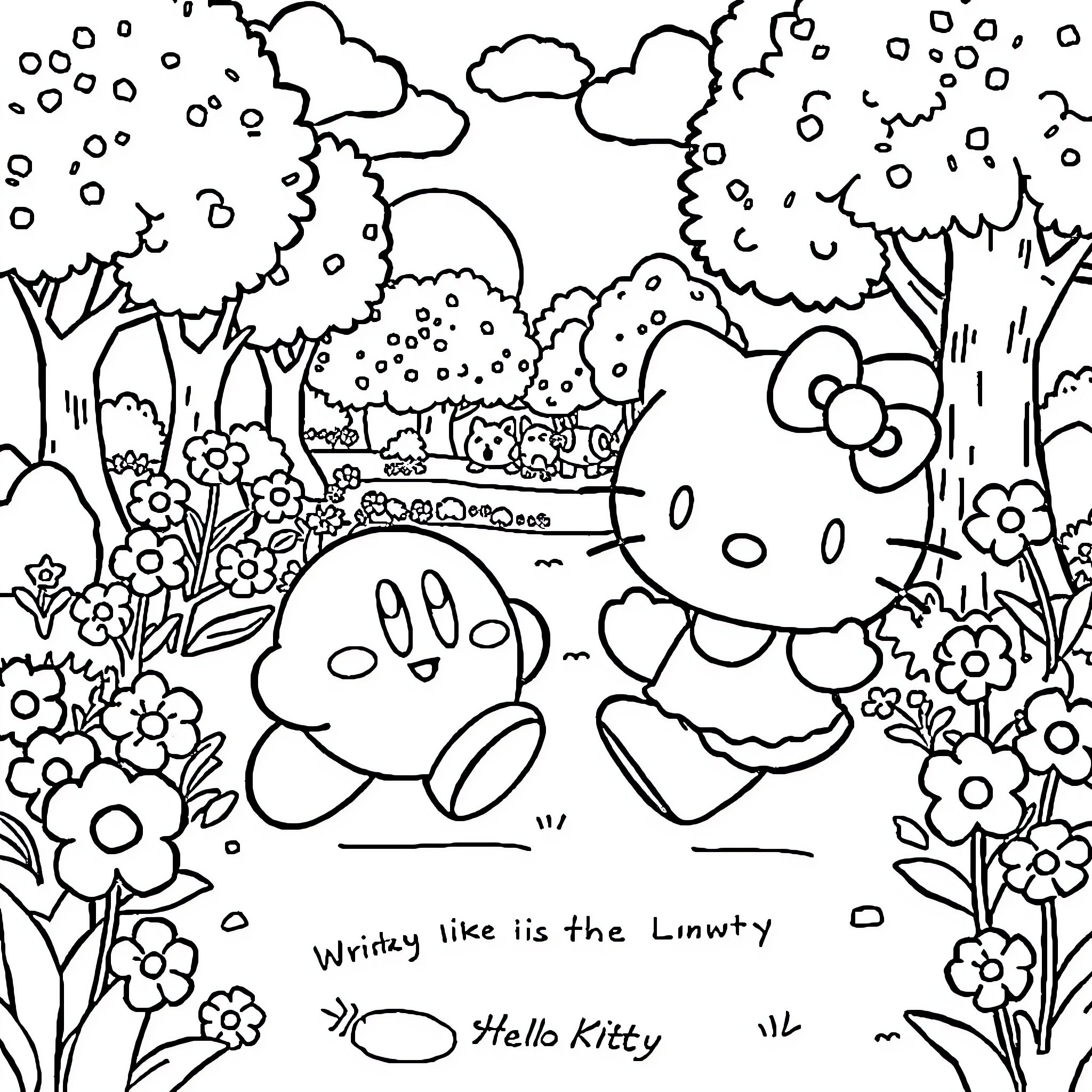 Kirby and Hello Kitty exploring the whimsical forest Coloring Page (free black-and-white line drawing printable PDF for all, from beginners to advanced learners, including children, teens, adults, and seniors)
