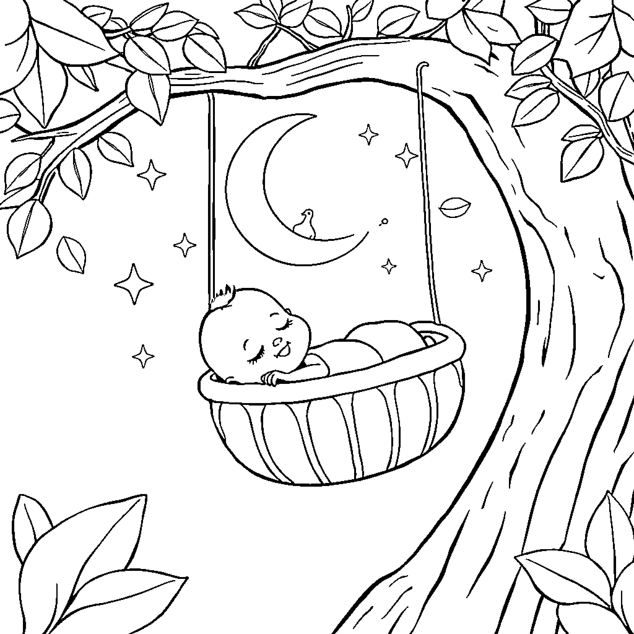 Baby sleeping peacefully in a crescent moon cradle Coloring Page (free black-and-white line drawing printable PDF for all, from beginners to advanced learners, including children, teens, adults, and seniors)
