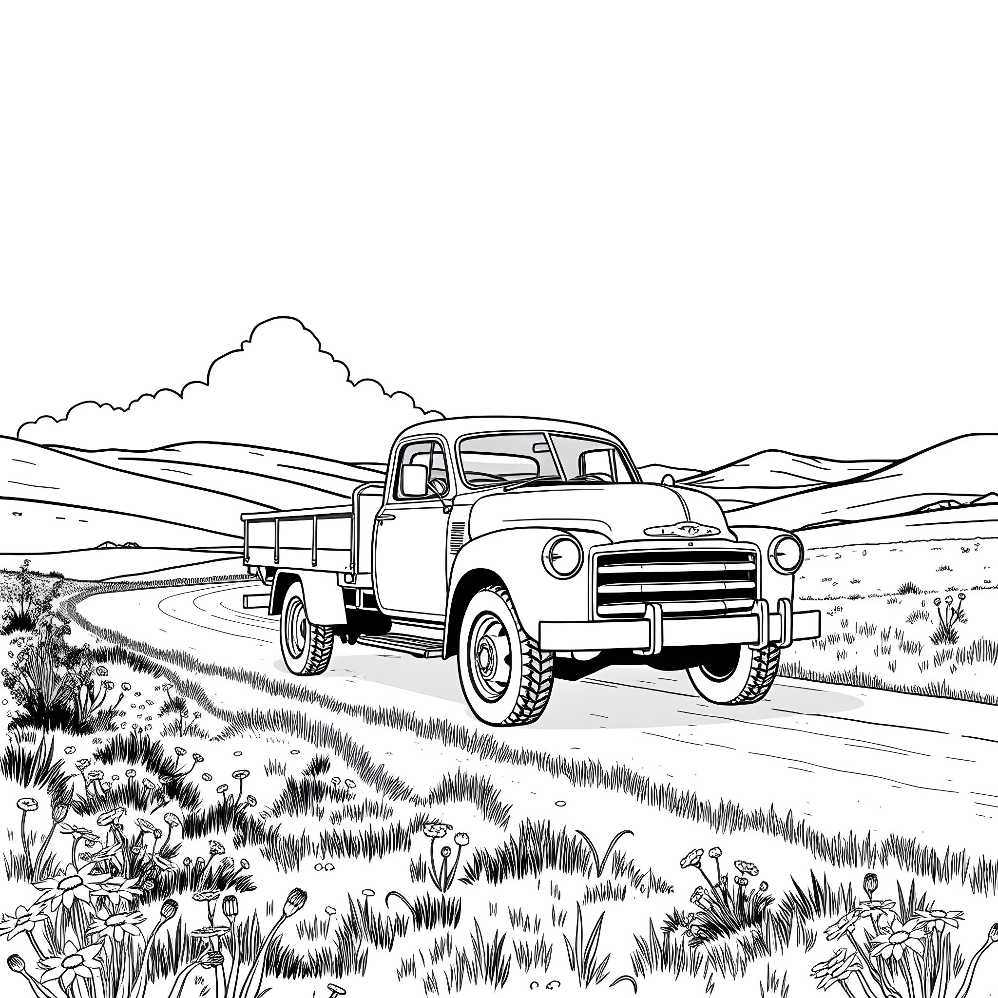 Flatbed truck in rugged mountain landscape Coloring Page (free black-and-white line drawing printable PDF for all, from beginners to advanced learners, including children, teens, adults, and seniors)