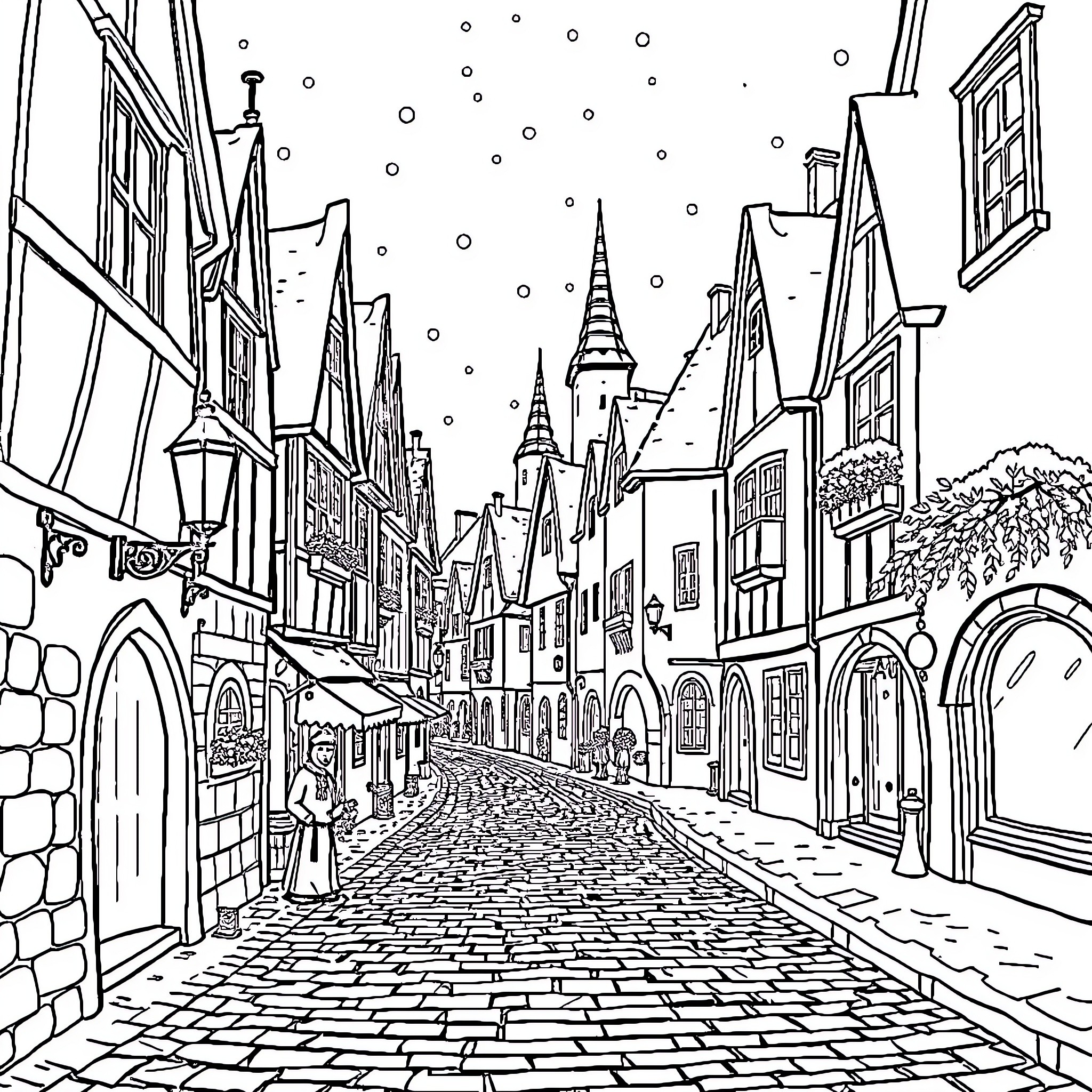 Town with Charming Medieval Architecture and Snowy Scene Coloring Page (free black-and-white line drawing printable PDF for all, from beginners to advanced learners, including children, teens, adults, and seniors)