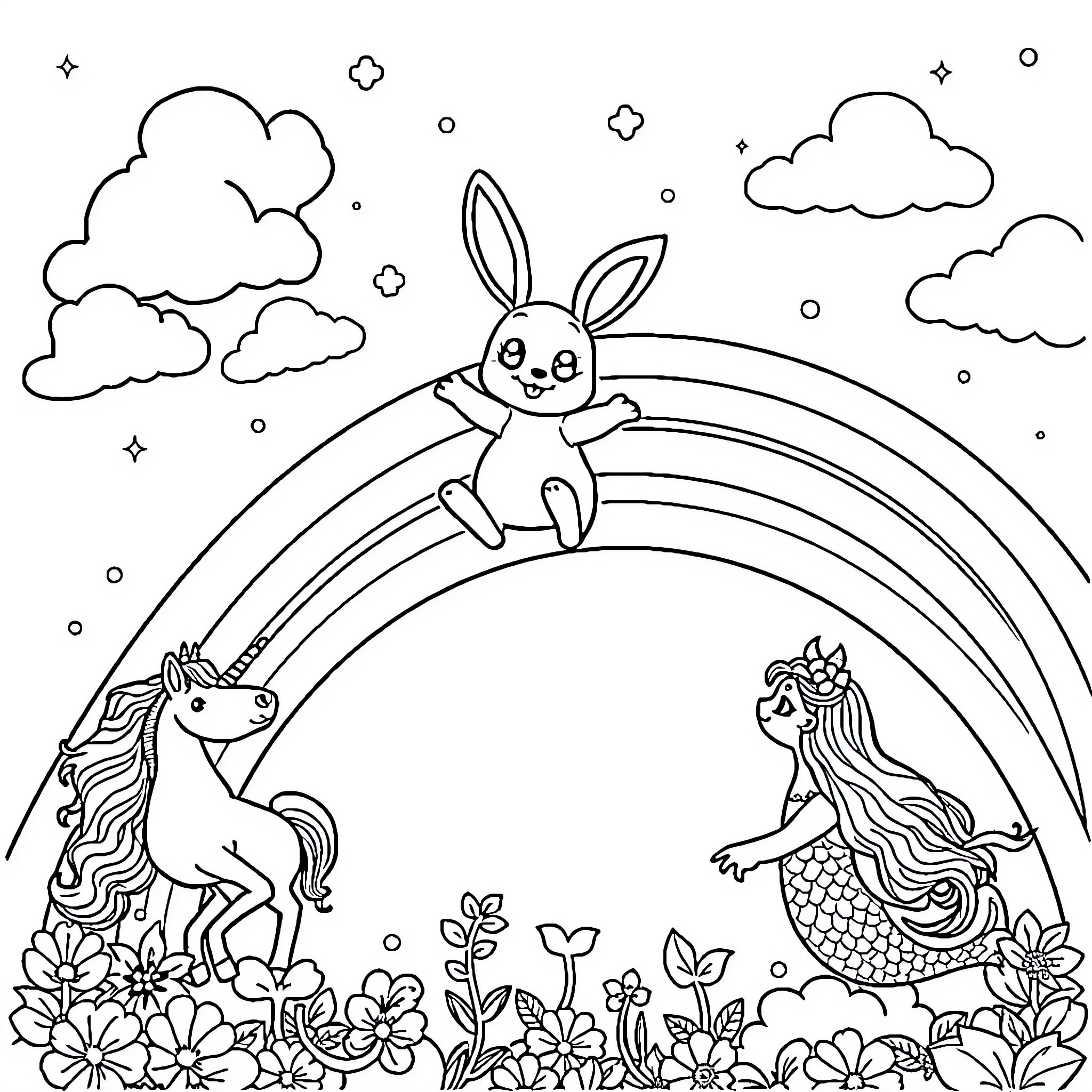 Bunny frolicking with unicorn and mermaid in magical landscape Coloring Page (free black-and-white line drawing printable PDF for all, from beginners to advanced learners, including children, teens, adults, and seniors)