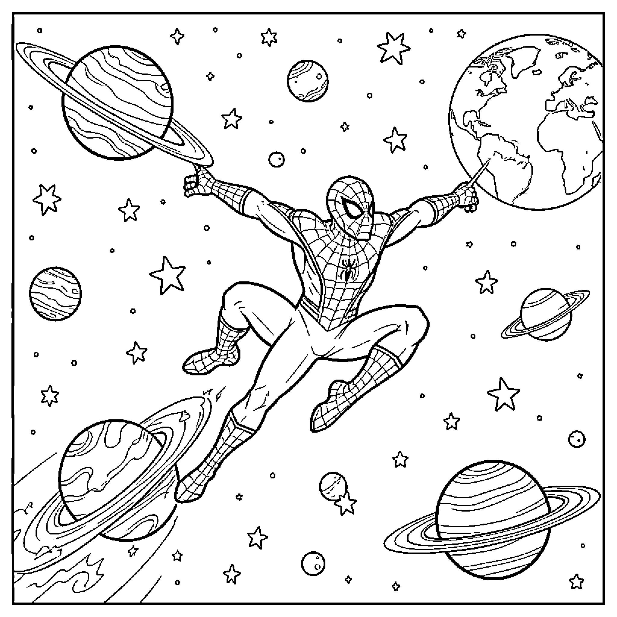 Spider-Man swinging through outer space among planets Coloring Page (free black-and-white line drawing printable PDF for all, from beginners to advanced learners, including children, teens, adults, and seniors)