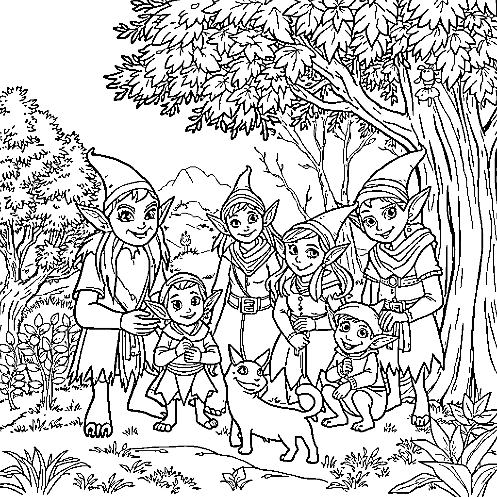 Elfo and Friends in Enchanted Forest Coloring Page (free black-and-white line drawing printable PDF for all, from beginners to advanced learners, including children, teens, adults, and seniors)