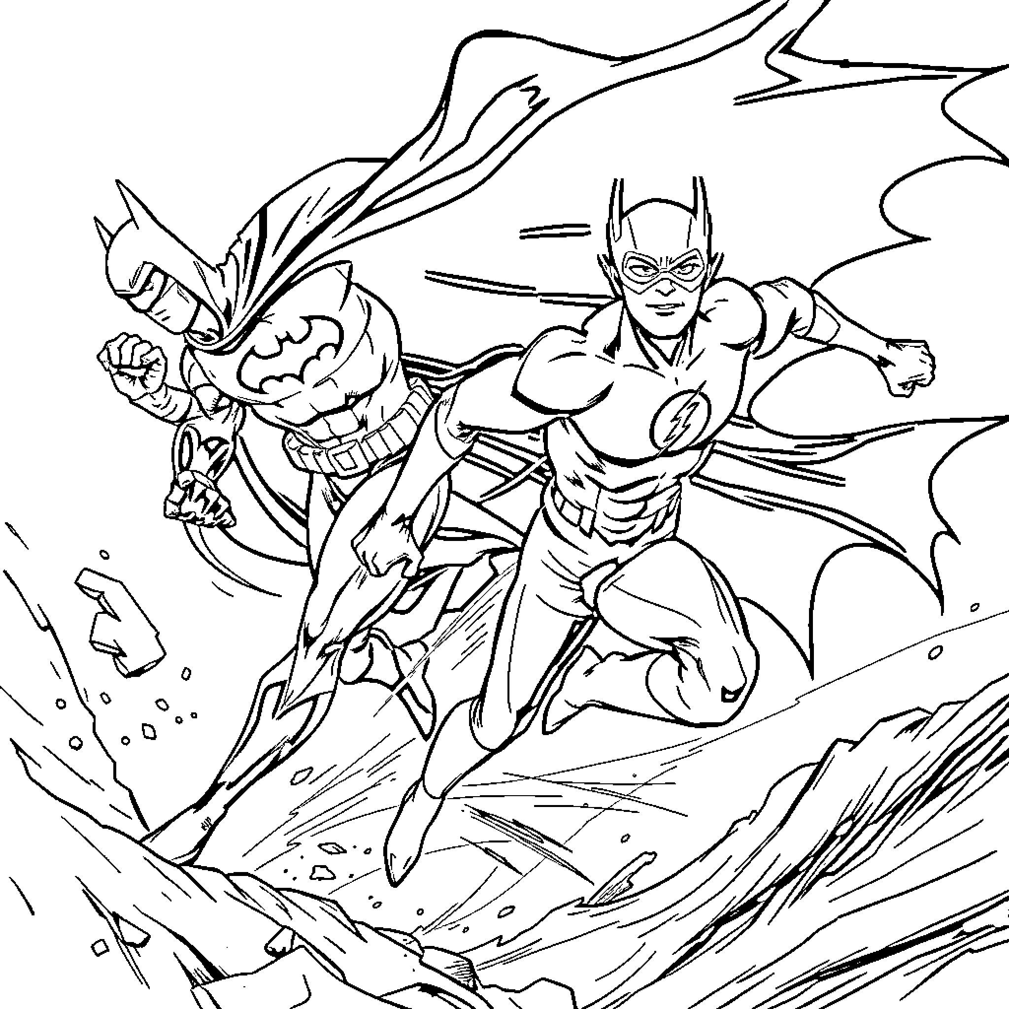 Flash heroes take action against evil Coloring Page (free black-and-white line drawing printable PDF for all, from beginners to advanced learners, including children, teens, adults, and seniors)
