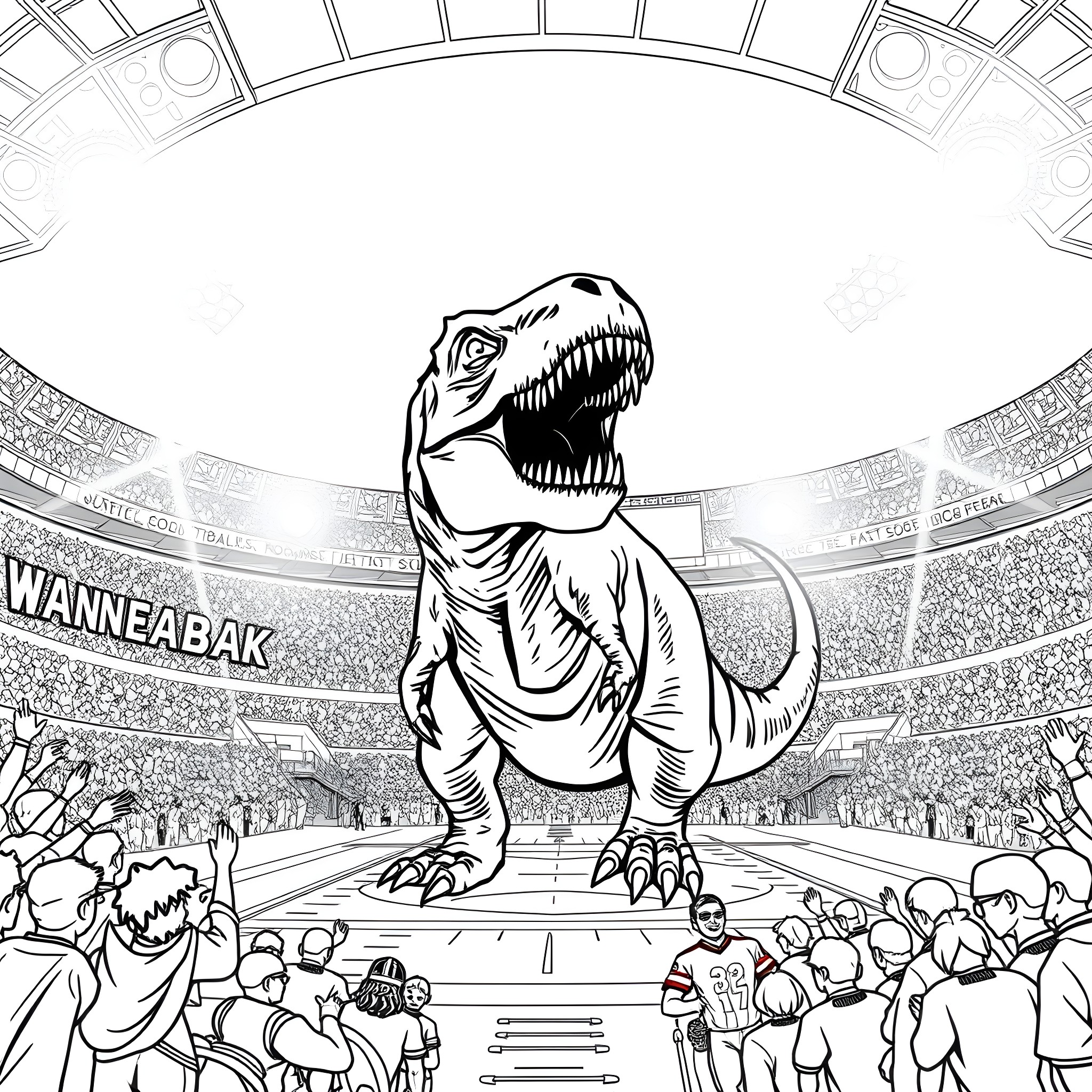Dinosaur roaring on stage before the crowd Coloring Page (free black-and-white line drawing printable PDF for all, from beginners to advanced learners, including children, teens, adults, and seniors)
