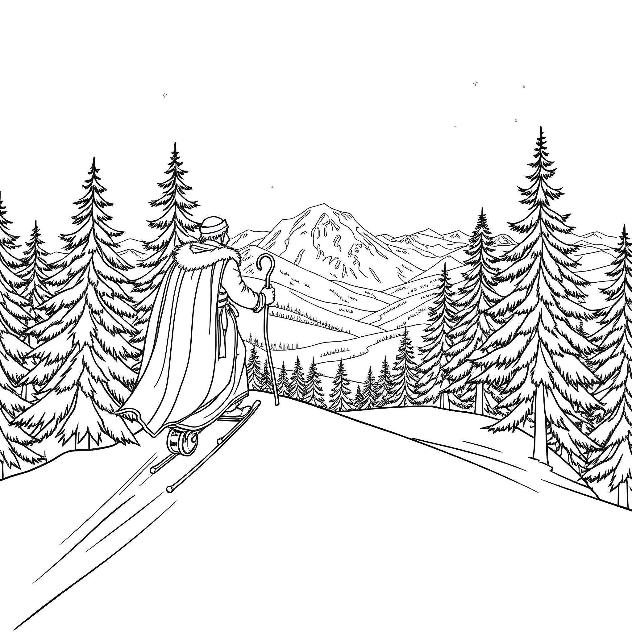 King Enjoying Skiing in Snowy Mountain Landscape Coloring Page (free black-and-white line drawing printable PDF for all, from beginners to advanced learners, including children, teens, adults, and seniors)