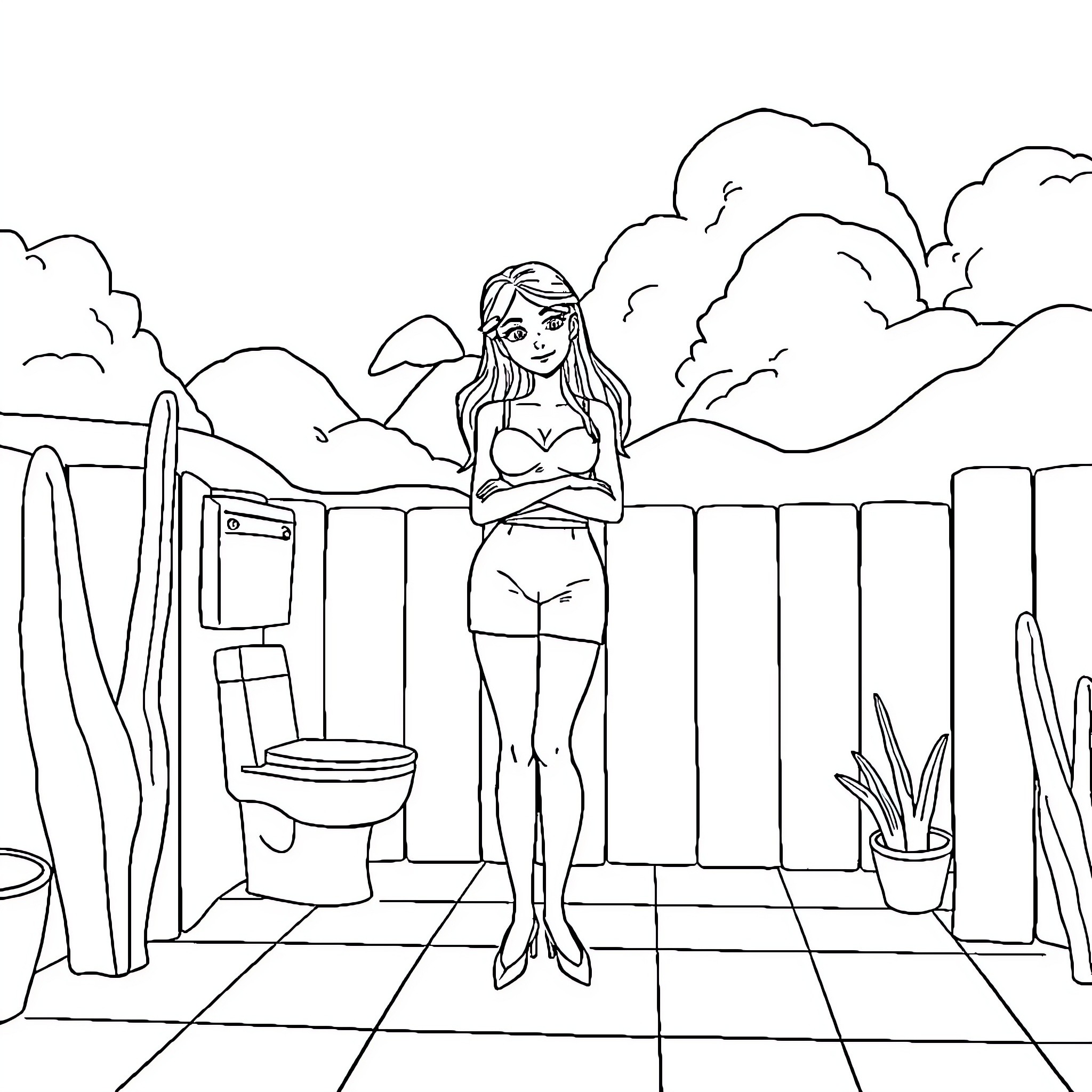Eva-01 in Bathroom Contemplation Coloring Page (free black-and-white line drawing printable PDF for all, from beginners to advanced learners, including children, teens, adults, and seniors)