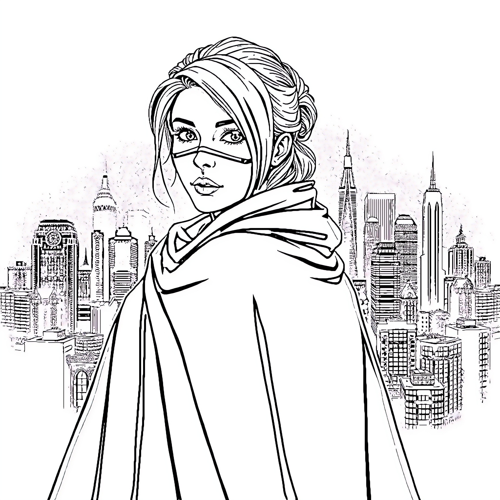 Mujer contemplando la ciudad Coloring Page (free black-and-white line drawing printable PDF for all, from beginners to advanced learners, including children, teens, adults, and seniors)