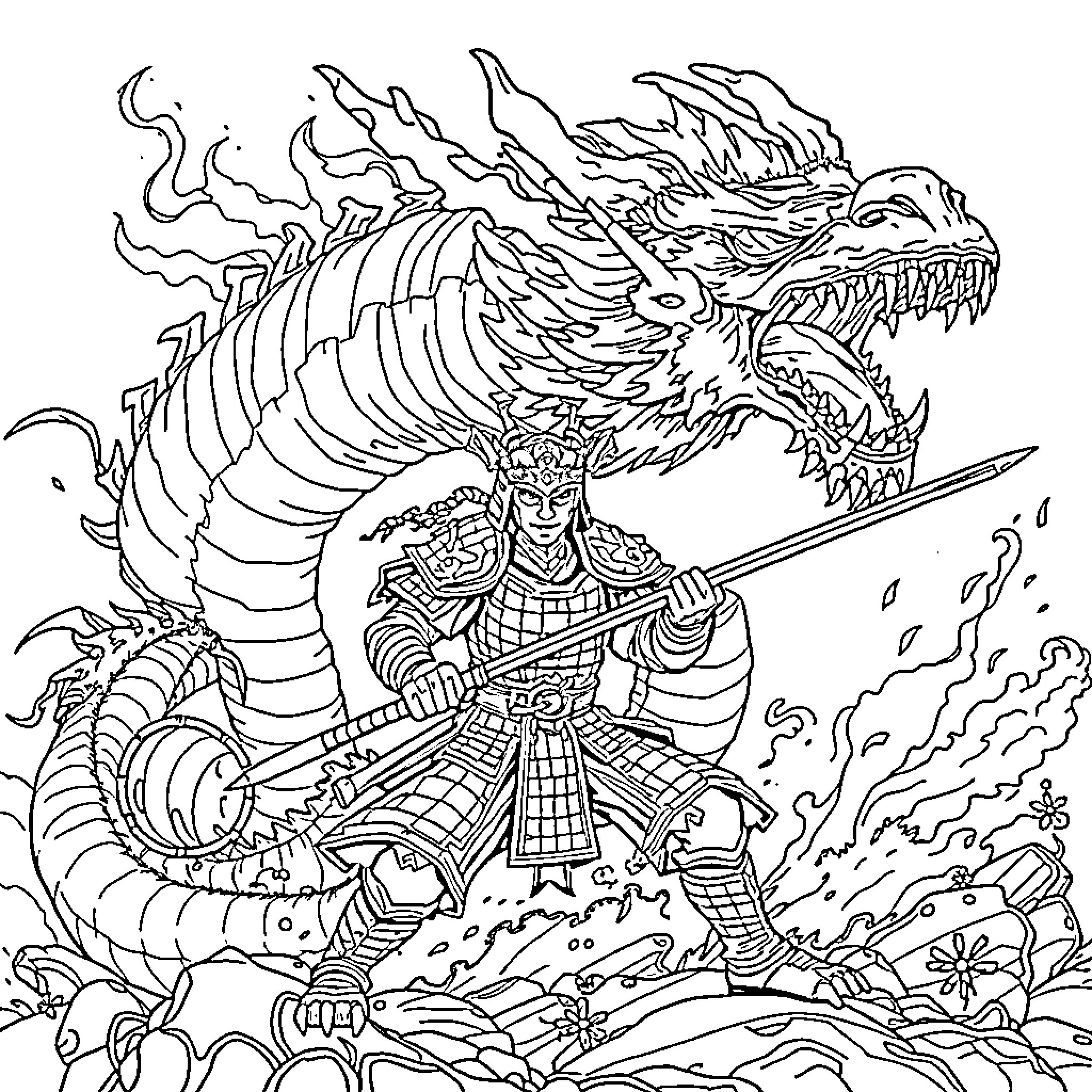 Samurai Battling Fierce Dragon in Dramatic Encounter Coloring Page (free black-and-white line drawing printable PDF for all, from beginners to advanced learners, including children, teens, adults, and seniors)