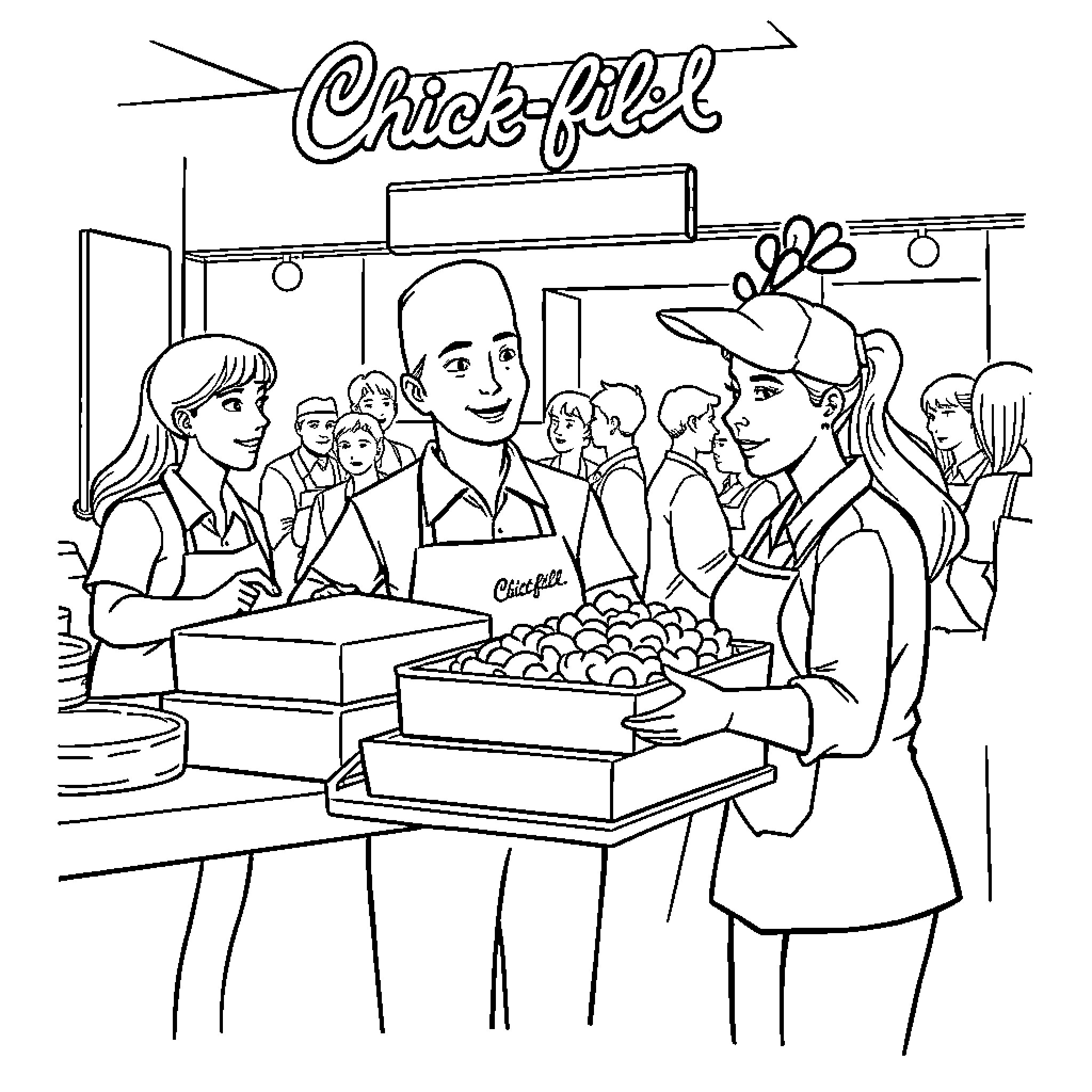 Chick fil A employees serving customers in the restaurant Coloring Page (free black-and-white line drawing printable PDF for all, from beginners to advanced learners, including children, teens, adults, and seniors)