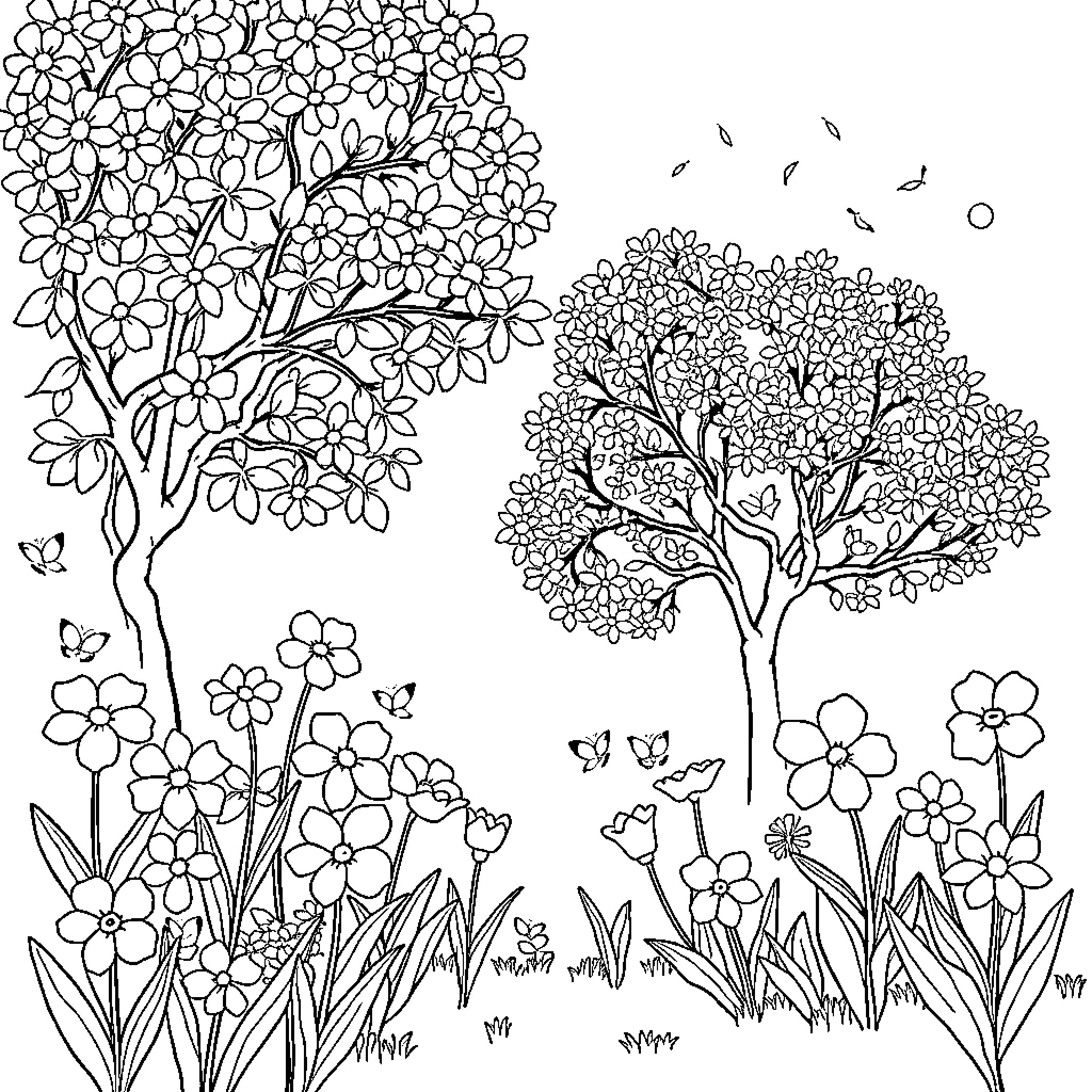 Spring flowers and blossoming trees in a garden Coloring Page (free black-and-white line drawing printable PDF for all, from beginners to advanced learners, including children, teens, adults, and seniors)